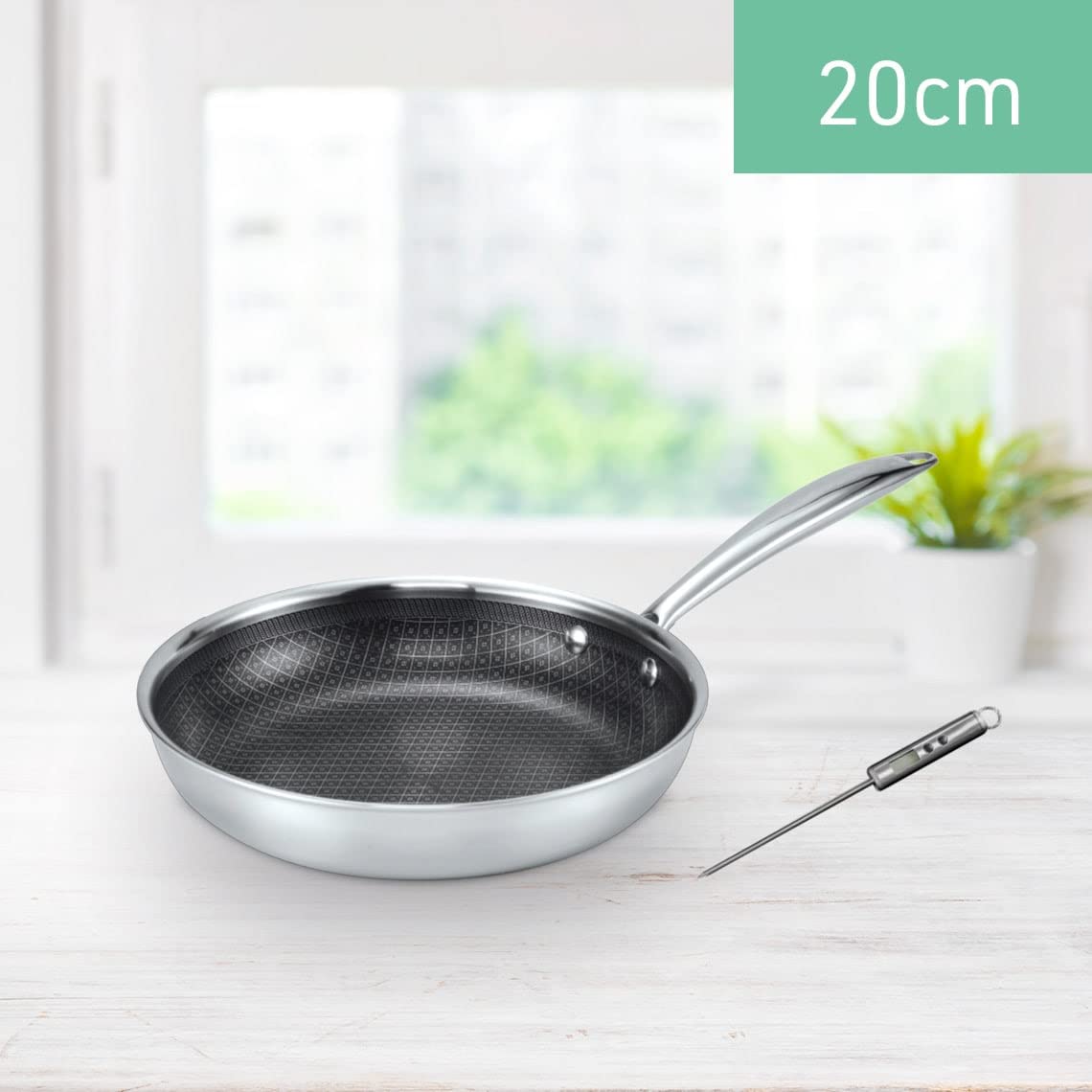 Пательня Livington Titan Pan Сніданкова Пательня 20 см з Термометром Нержавіюча Сталь Матрикс та Діамантове Антипригарне Покриття Для Всіх Типів Плит Нержавіюча Сталь, фото №2