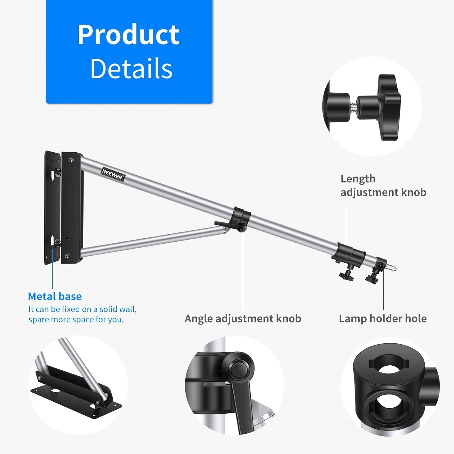 Настінний кронштейн для штанги Neewer 169 см Срібний, фото №3 Настінний кронштейн для штанги Neewer 169 см Срібний, фото №3