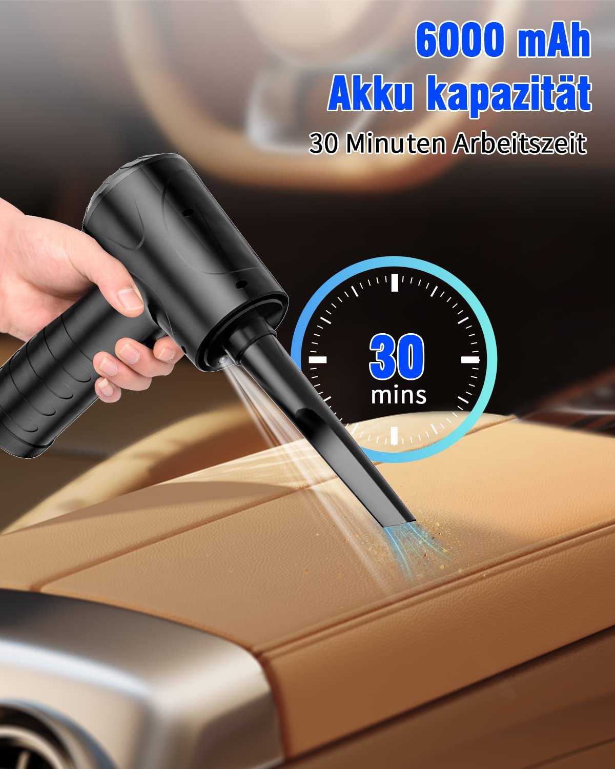 Электрическая воздуходувка 91000 RPM 3 скорости 6000 mAh с фонариком и насадками, фото №4