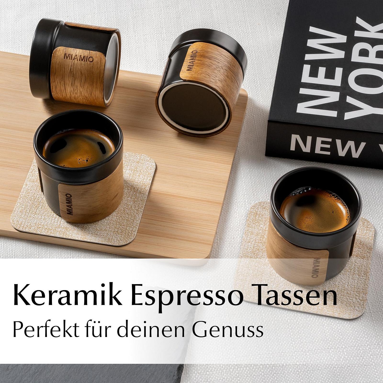 Эспрессо Чашки MIAMIO Набор 4 шт (100 мл) со съемной деревянной манжетой, керамические чашки без ручки, чашки для мокко/кофе, набор чашек для эспрессо (черный), фото №2