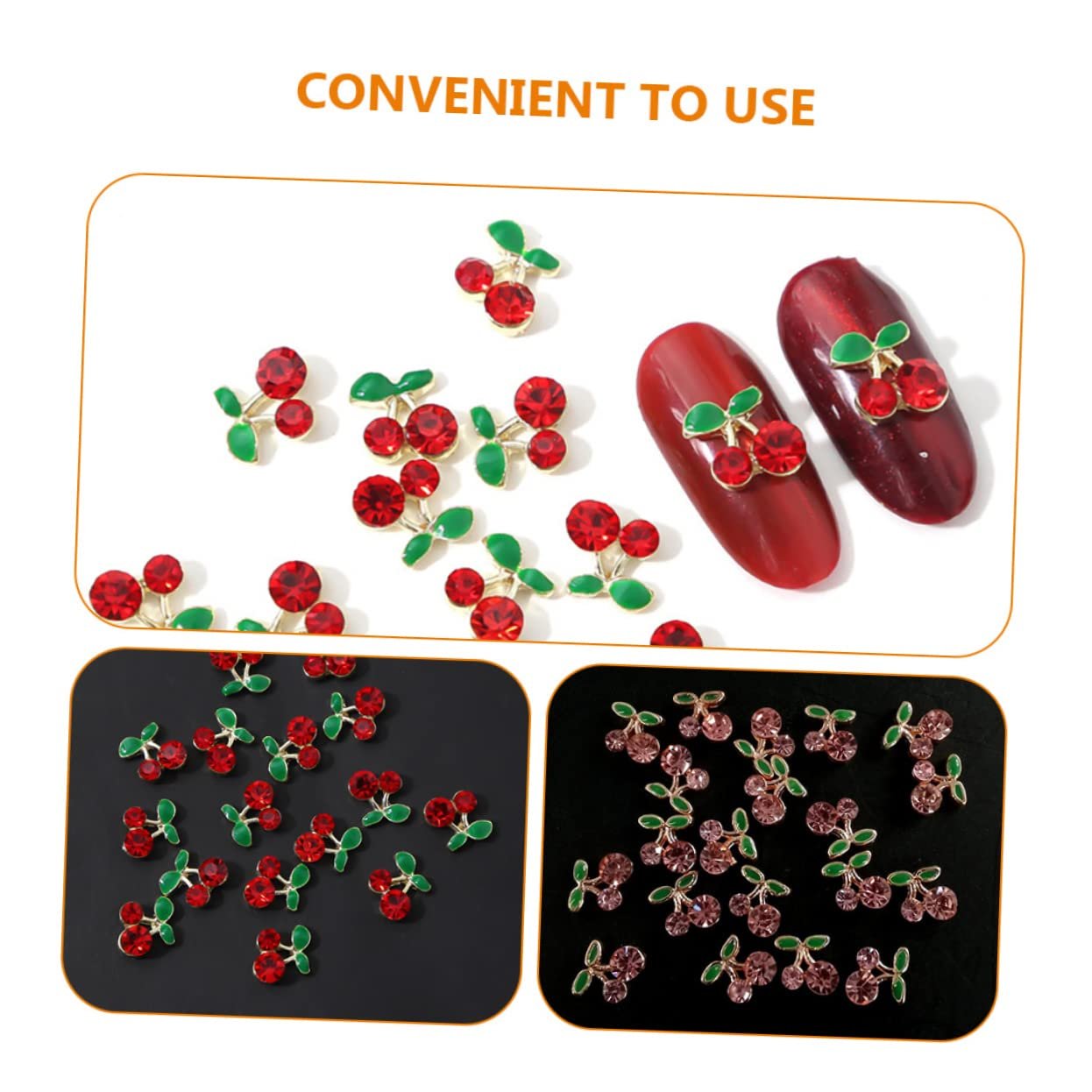Украшение для ногтей Вишня FRCOLOR 96 шт. Заклепки для ногтей со стразами Форма вишни Фруктовые украшения для ногтей Блестящие аксессуары для ногтей Золотой декор Стразы для ногтей Miss Golden из сплава, фото №2