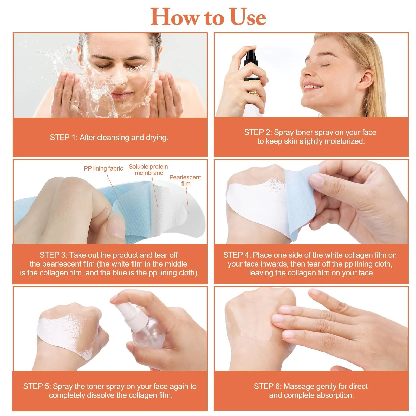 Маска Коллагеновая, Soluble Protein Mask, Collagen Film Mask для лифтинга нитями, для подтяжки кожи, способствует поглощению эссенции для лица, подтягивает линию подбородка (2 коробки), фото №2