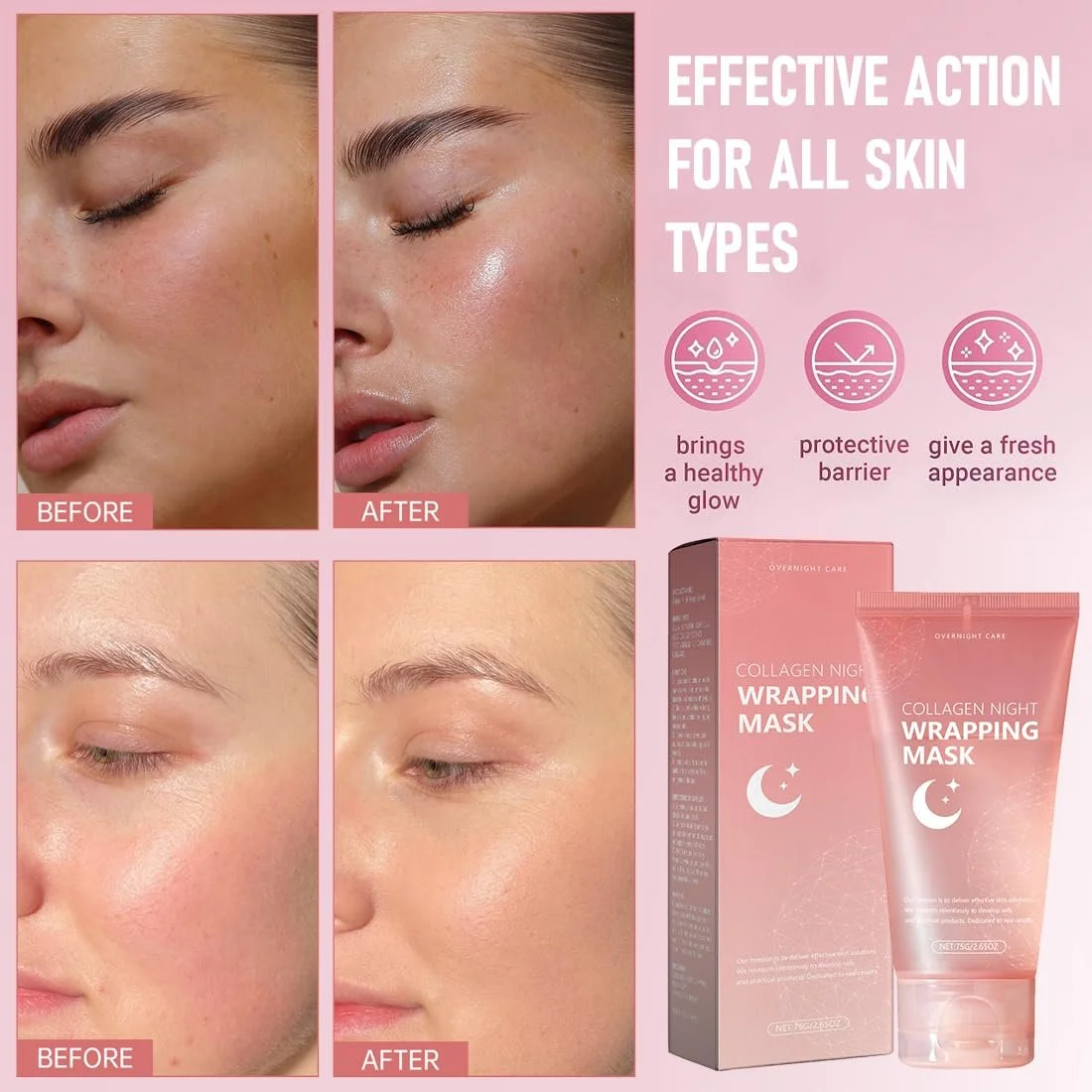 Маска для лица Ночная Collagen - Упаковка из 2 масок Collagen для лица для ночного использования I Гидролизованный коллаген для сияющей кожи I Органическая маска для лица с коллагеном, эластичность и увлажнение, фото №5