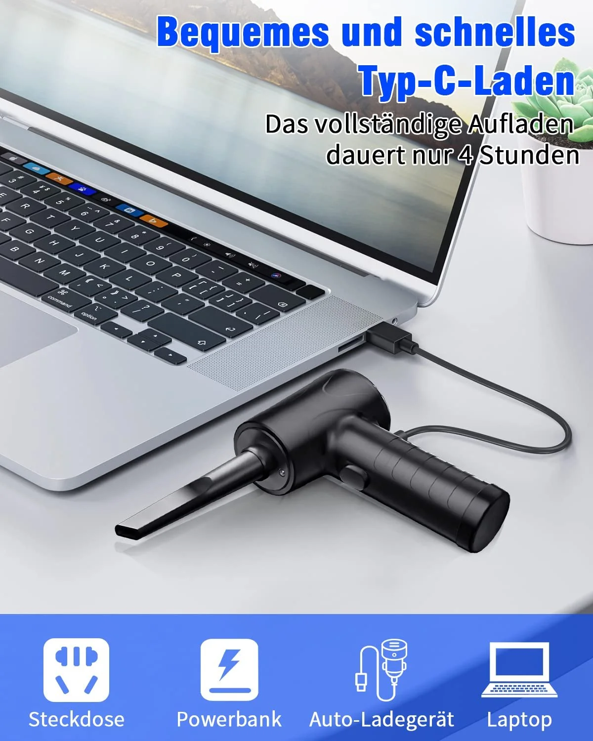 Электрическая воздуходувка 91000 RPM 3 скорости 6000 mAh с фонариком и насадками, фото №3