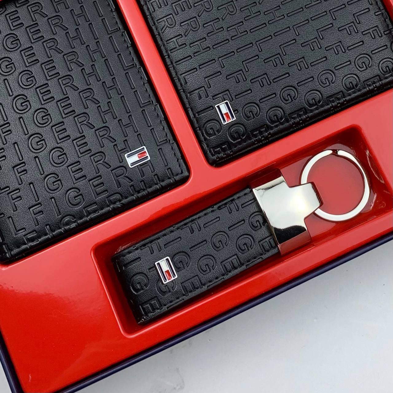 Мужской кошелек кожаный черный Tommy Hilfiger брендовый подарочный набор 3 в 1 портмоне картхолдер брелок, фото №4