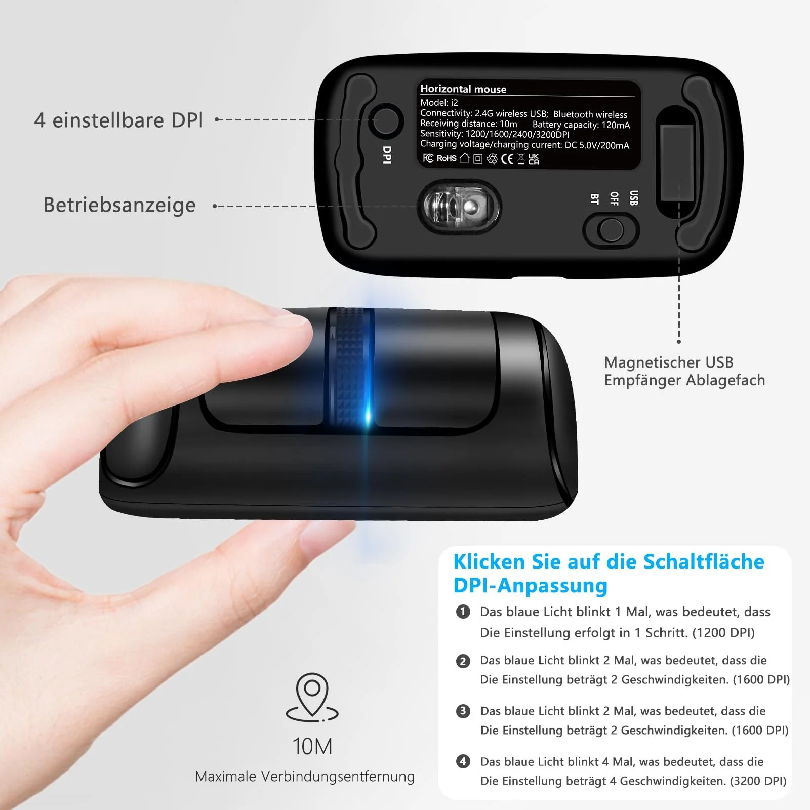 Мышь Bluetooth Horizontal, беспроводная перезаряжаемая (Dual Mode: BT 5.0 + 2.4G) 3200DPI Adjustable, тихая эргономичная для ноутбука, ПК, компьютера / Windows / Mac OS /, фото №6