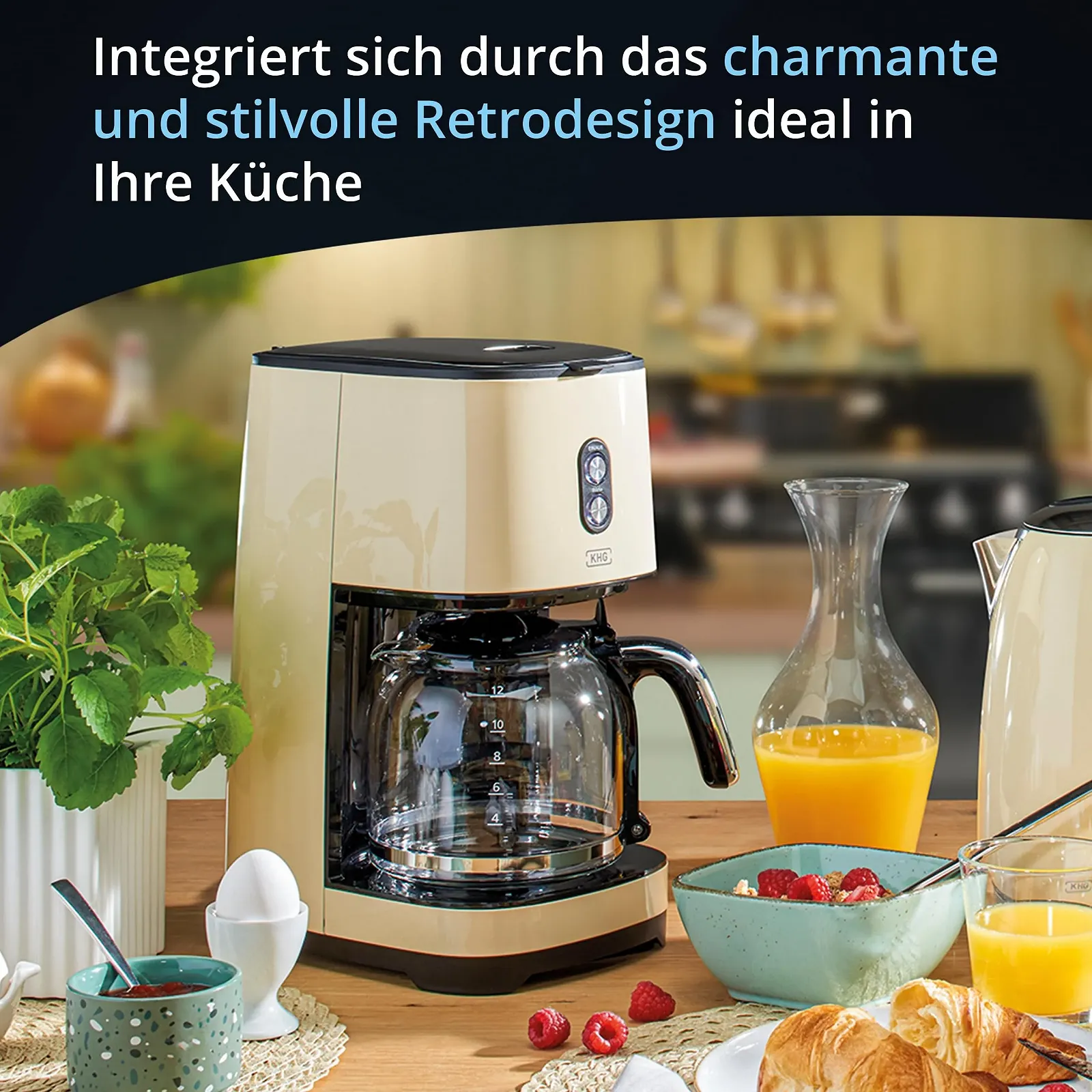 Капельная кофеварка KHG Retro KA-185 CE 1.5 л 12 чашек нержавеющая сталь/пластик кремовая, фото №2