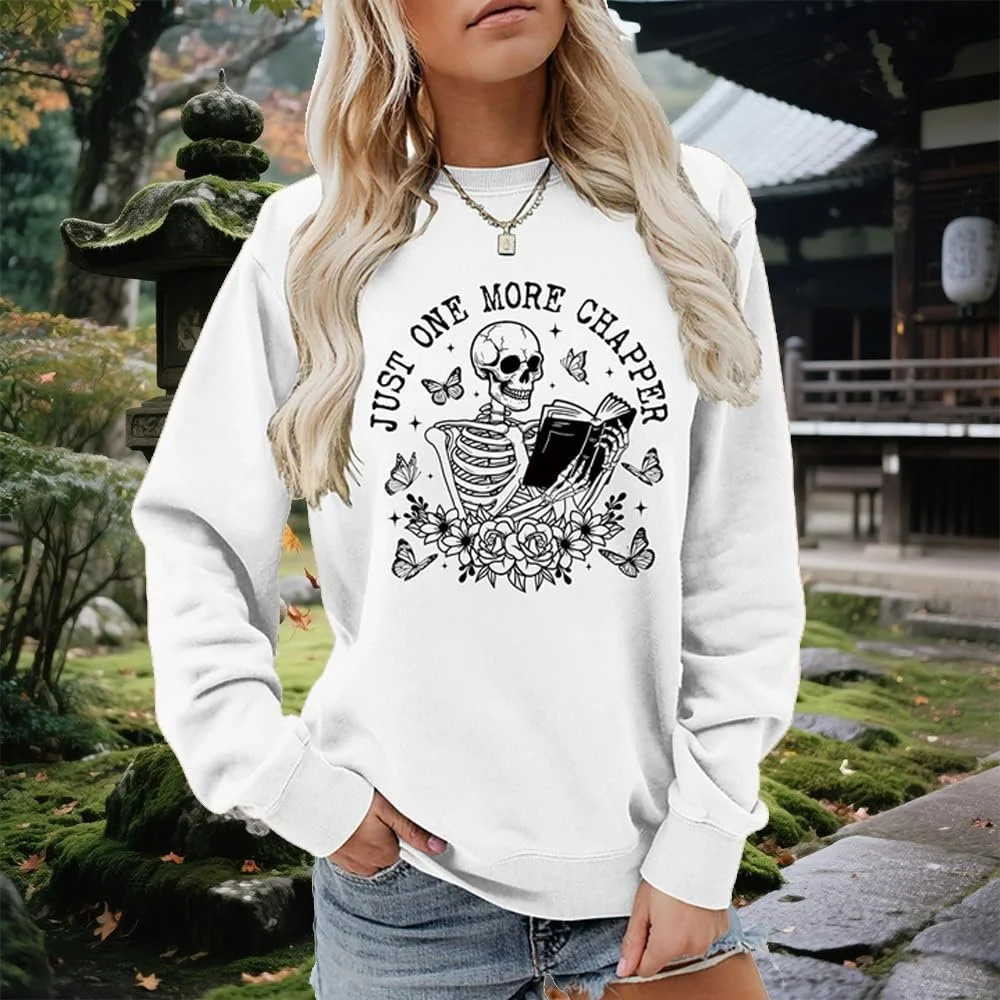 Женская толстовка MLZHAN Just One More Chapper Halloween, смешной скелет, читающий книгу, цветы, графический принт, длинный рукав, осенние топы, фото №2