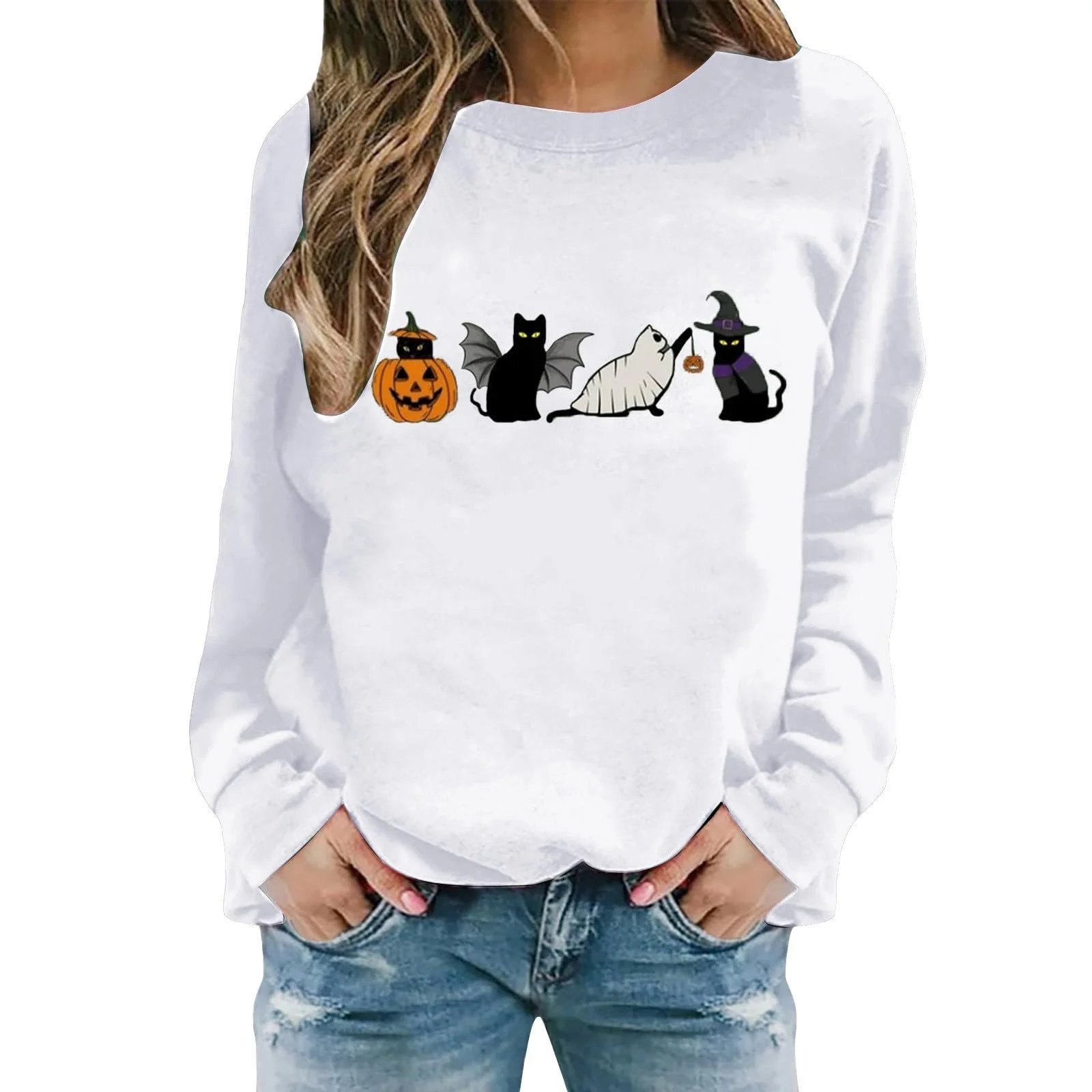 Свитшот Хэллоуин Модный с круглым вырезом Кот Хэллоуин для женщин Осень, фото №1