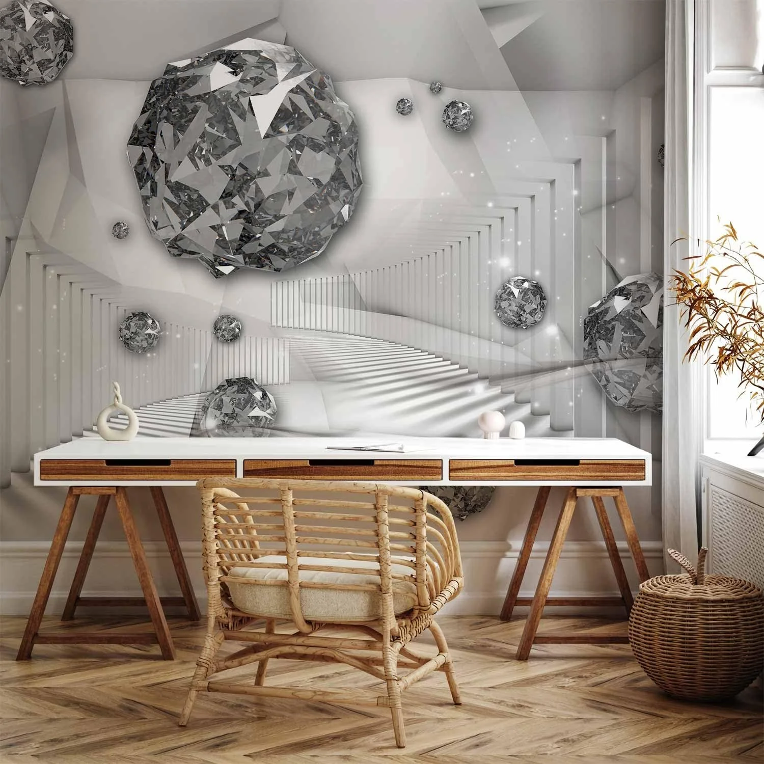 Фотошпалери murando Abstract Diamond 350 x 256 см 3D ефект флізелінові XXL Сріблясті, фото №6