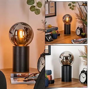 Настільна лампа HOFSTEIN Gastor Металева/Скляна Ретро/Вінтаж Діаметр 15 см E14 Чорна/Хром/Димчаста - Фото 1
