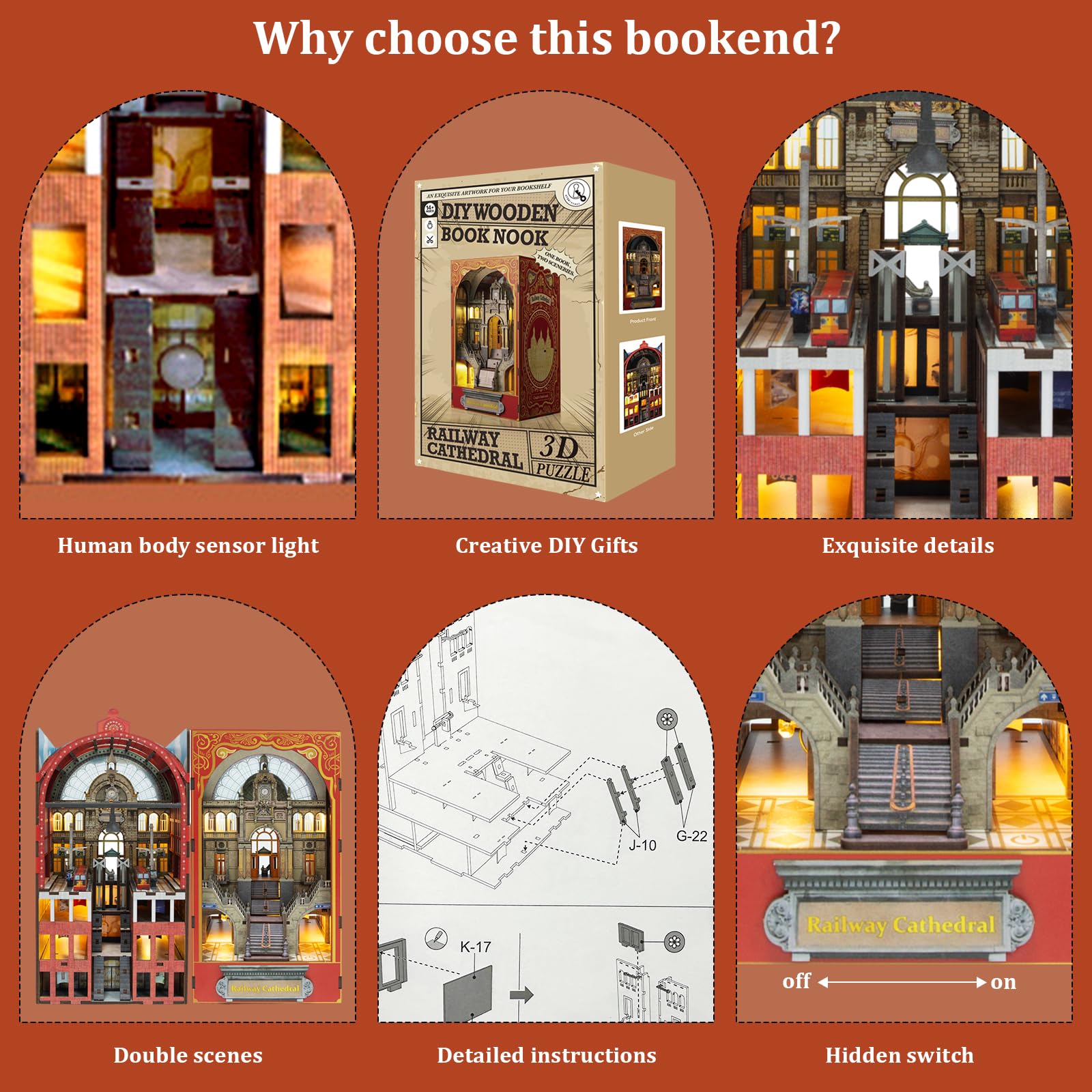 Конструктор DIY Book Nook Railway Cathedral з LED-освітленням дерев'яний ляльковий будиночок 3D дерев'яні пазли для дорослих, фото №2