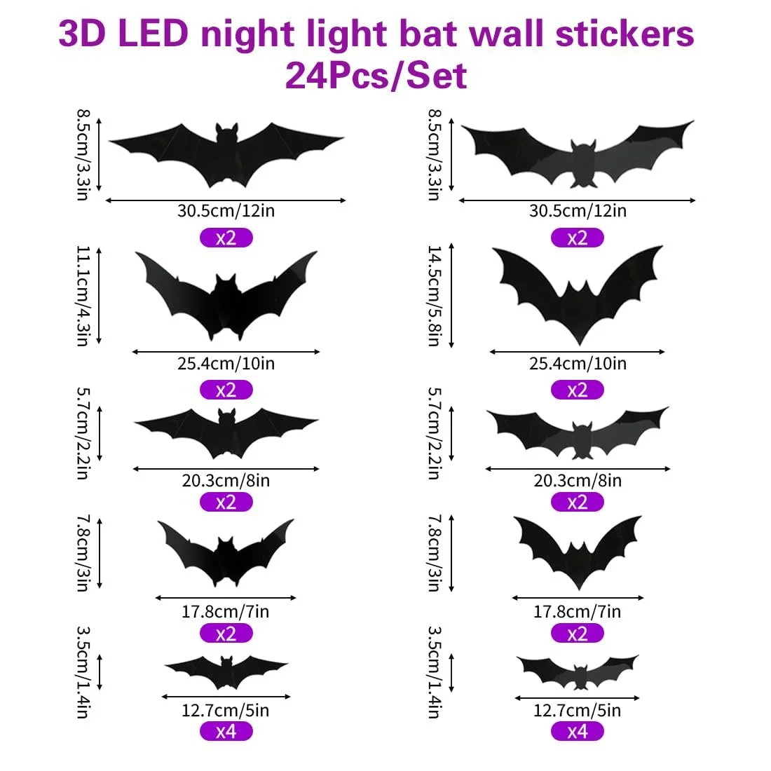 Наклейки на стіну Meleager Halloween Bat 3D світлодіодні Кажани 24 шт., фото №2 Наклейки на стіну Meleager Halloween Bat 3D світлодіодні Кажани 24 шт., фото №2