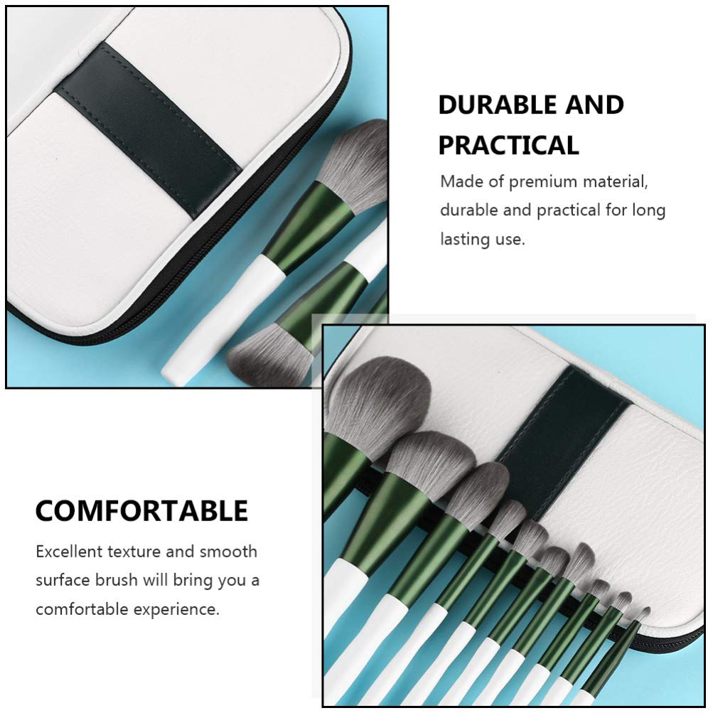 Набір 12 зелених скляних пензлів для макіяжу з чорним PU-шкіряним футляром, фото №5