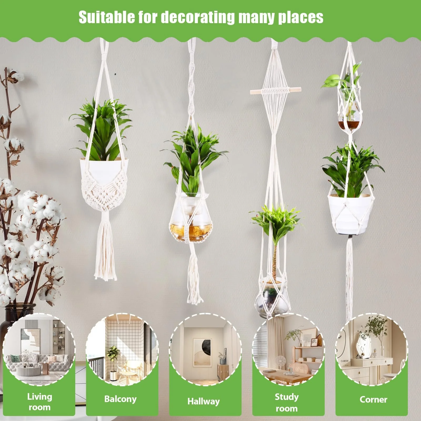 Набор подвесных корзин 4 шт. плетеных из хлопковой веревки в стиле бохо с крючками, фото №8