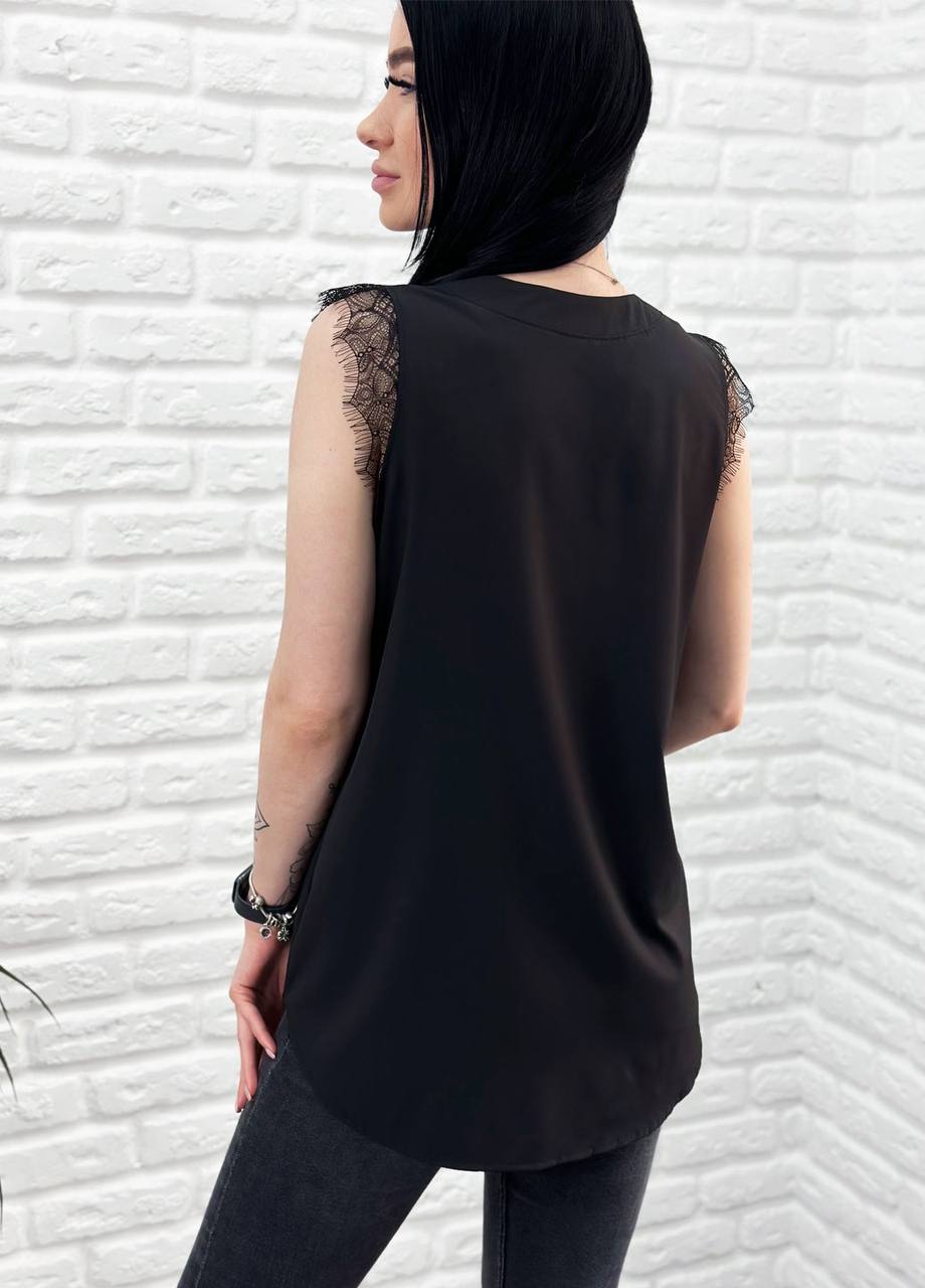 Женская легкая летняя удлиненная блуза с кружевом GF04171 цвет черный размер 48, фото №3