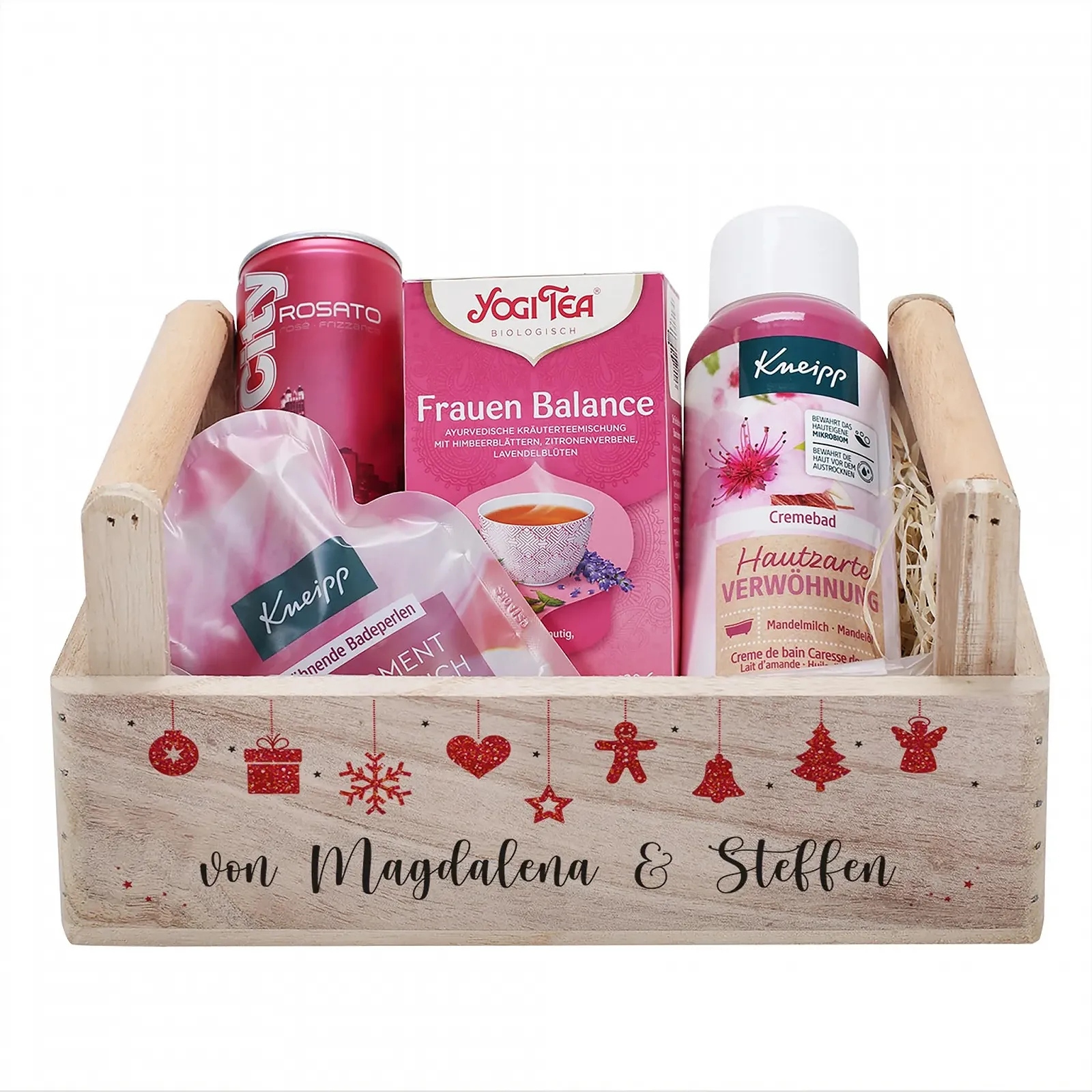 Подарунковий набір Herz & Heim для жінок з косметичними продуктами в персоналізованому дерев'яному подарунковому кошику, фото №1