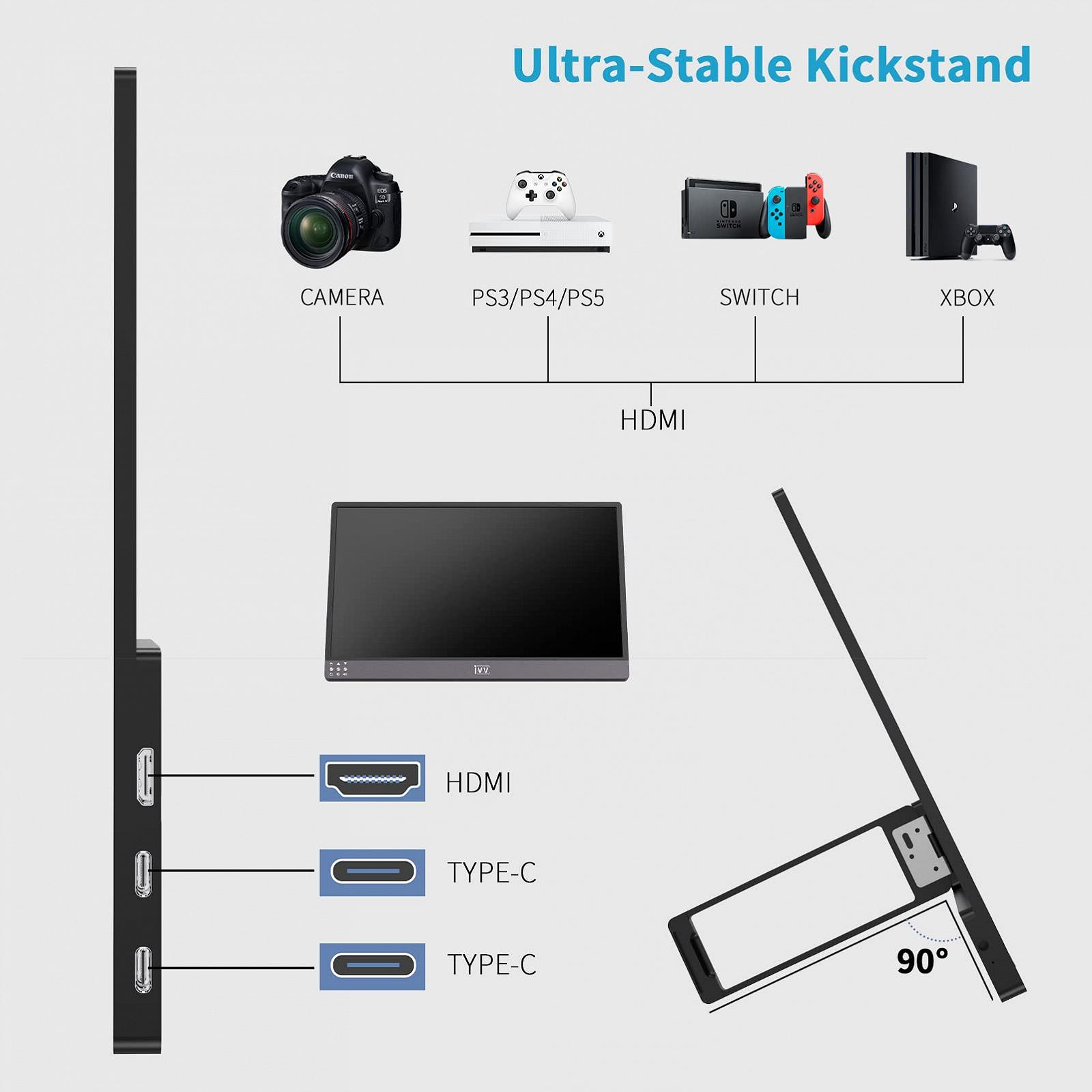 Монітор IVV Portable 4K 13.3 дюйма, IPS екран 3840 x 2160 UHD з HDMI Type-C USB-C з'єднанням, захисний чохол, фото №7