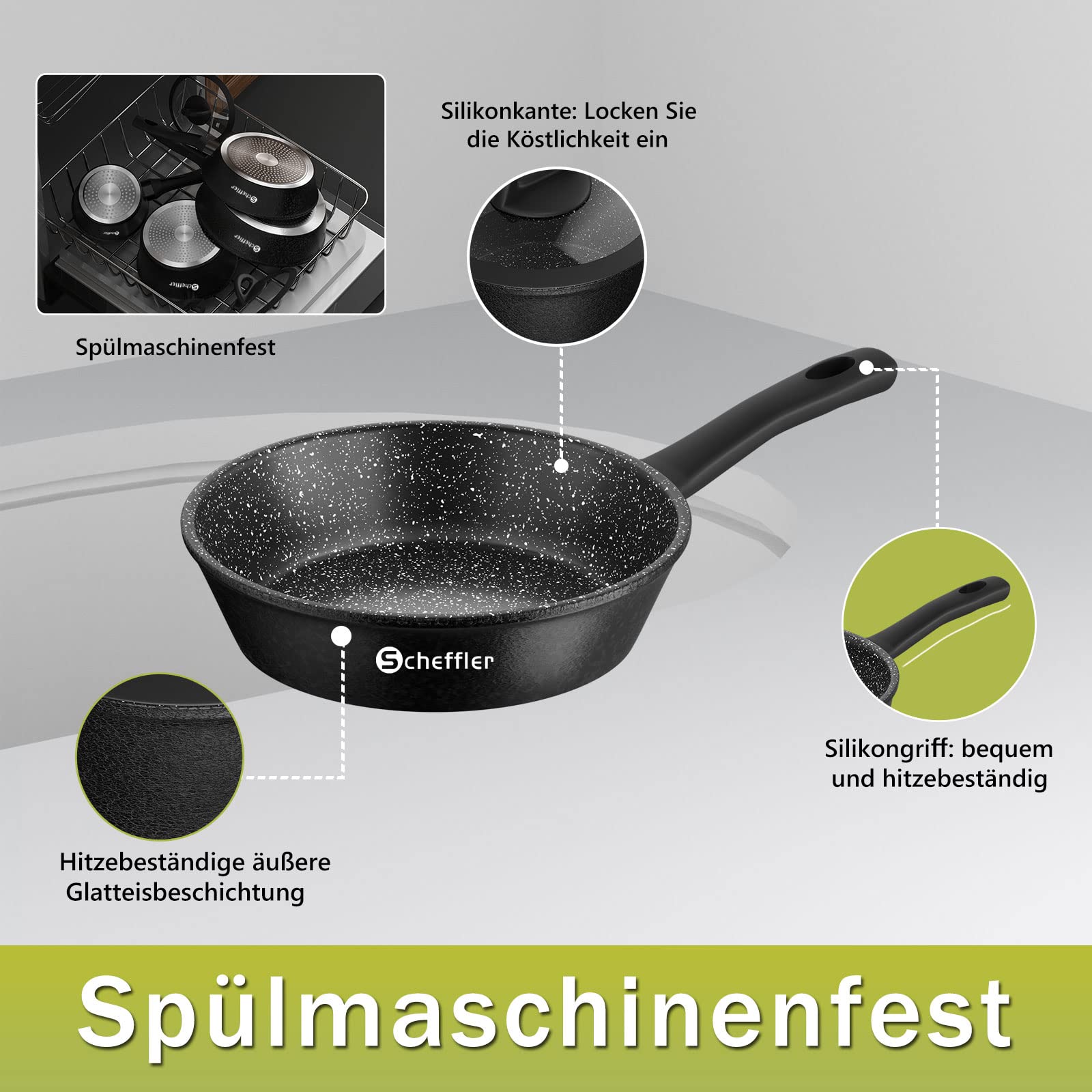 Набор Scheffler Индукционный Алюминиевый с Крышкой из Закалённого Стекла, Антипригарное Покрытие и Частицы Натурального Камня (HL-21PS61), фото №5