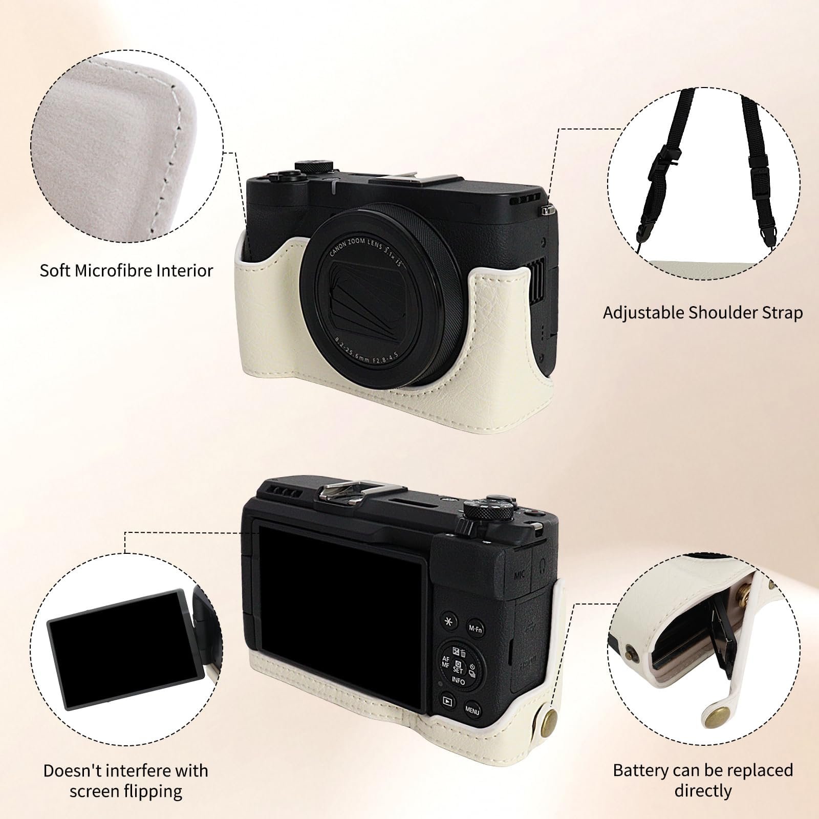 Чехол для камеры Canon PowerShot V1 Rieibi из PU-кожи White/Opulent Garden Retro, фото №4