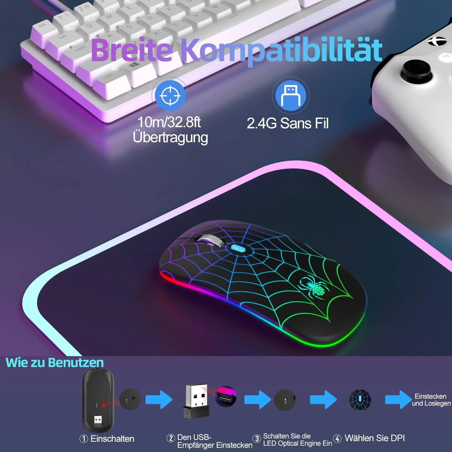 Миша Бездротова SZO Перезаряджувана Ергономічна 7 кольорів RGB з USB та Type-C Конвертером Регульована точність (800/1200/1800), фото №7 Миша Бездротова SZO Перезаряджувана Ергономічна 7 кольорів RGB з USB та Type-C Конвертером Регульована точність (800/1200/1800), фото №7