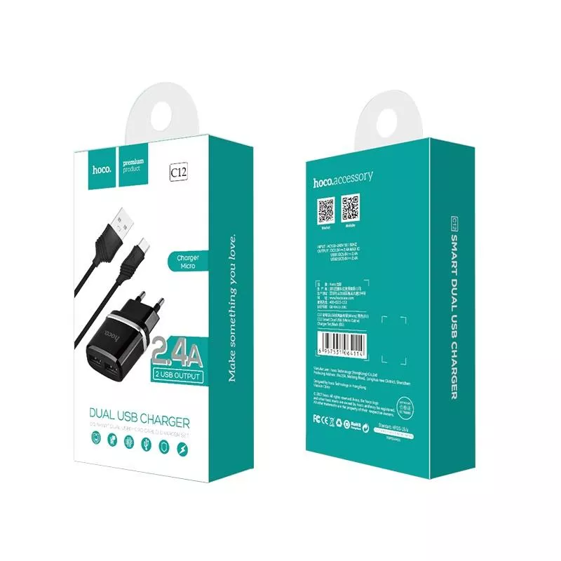 Зарядное устройство Hoco C12 Smart 2USB 2.4А) Black 6957531064114 кабель MicroUSB, фото №4