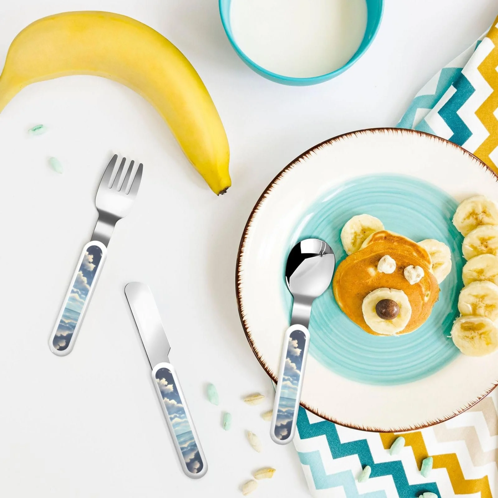 Набір дитячих столових приборів з принтом "Білі хмари над морем", три предмети, багаторазовий, фото №6 Набір дитячих столових приборів з принтом "Білі хмари над морем", три предмети, багаторазовий, фото №6