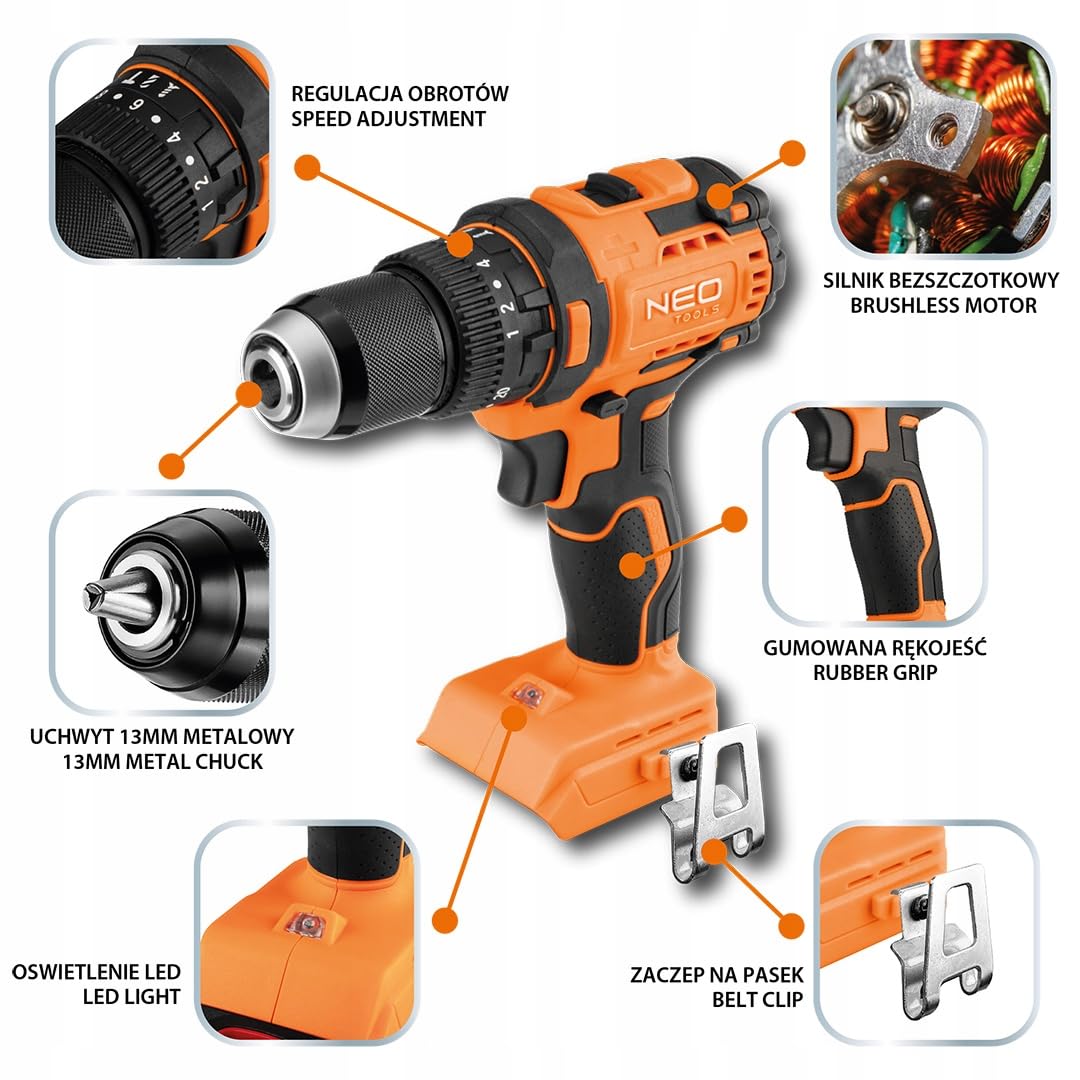 Акумуляторний ударний дриль Шурупокрут NEO TOOLS Компактний 18 В 13 мм без ключа без батареї та зарядного пристрою, фото №3 Акумуляторний ударний дриль Шурупокрут NEO TOOLS Компактний 18 В 13 мм без ключа без батареї та зарядного пристрою, фото №3