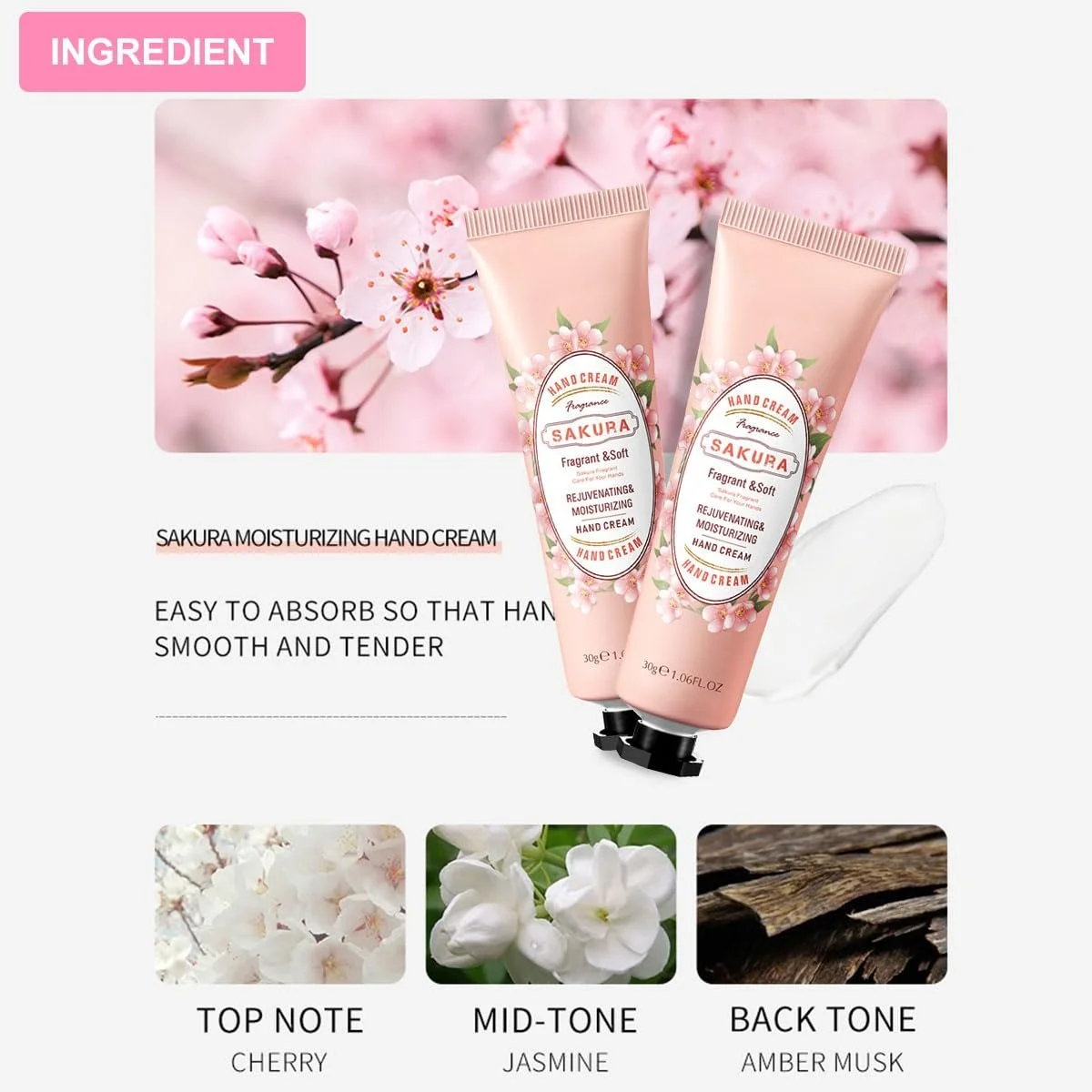 Крем для рук Cherry Blossom, Зволожуючий крем для рук для грубої, потрісканої шкіри, Ніжний крем для догляду за сухими руками, 2 шт., фото №5