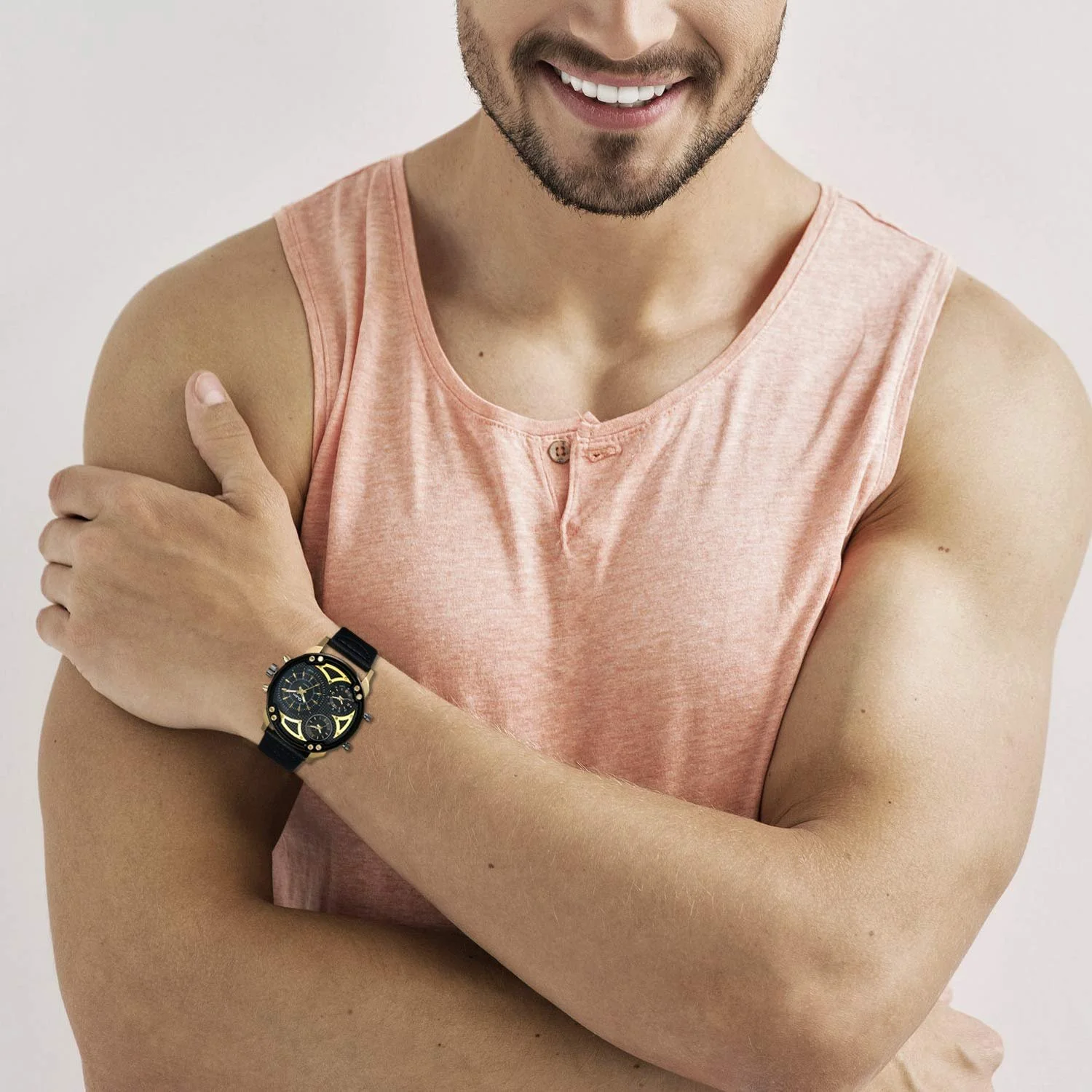 Чоловічий годинник Quartz JewelryWe з великим циферблатом, три часові зони, аналоговий, шкіряний ремінець, чорний, фото №2 Чоловічий годинник Quartz JewelryWe з великим циферблатом, три часові зони, аналоговий, шкіряний ремінець, чорний, фото №2