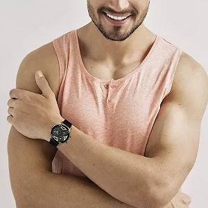 Мужские часы Quartz JewelryWe с большим циферблатом, три часовые зоны, аналоговые, кожаный ремешок, черный synthetic.ua - Фото 1