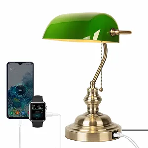 Настільна лампа Банківська Ретро Бездротова зарядка USB Функція заряджання Метал Латунь Ланцюжковий вимикач Зелене скло - Фото 1