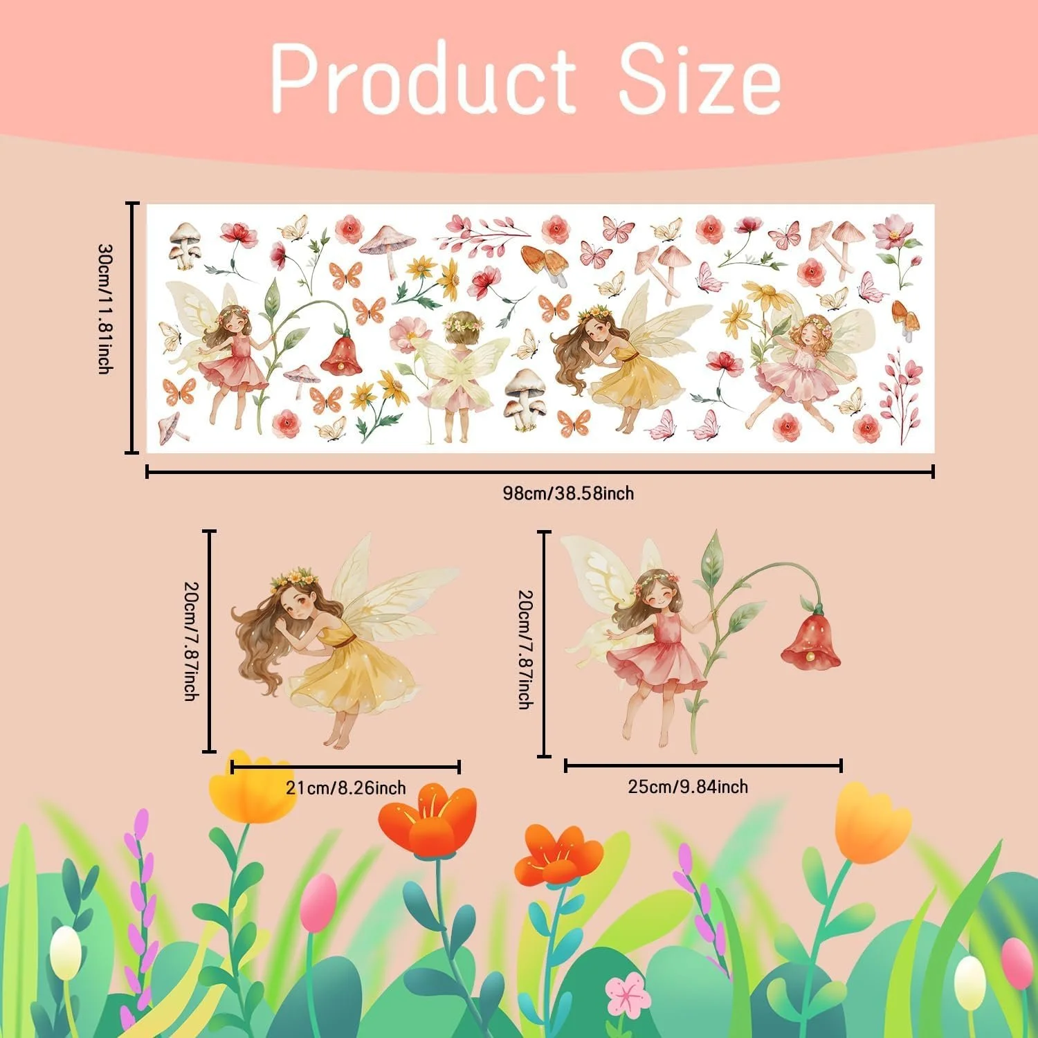 Наклейка на стену Феи Цветы Эльфы Бабочки Грибы 98 x 30 см, фото №6