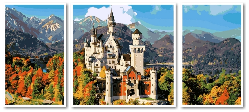 VPT056 Картина за номерами Замок Нойшванштайн восени Триптих 1 холст 50 х см 2 холста по 30 смЗамок в осени холсте полотна, фото №1