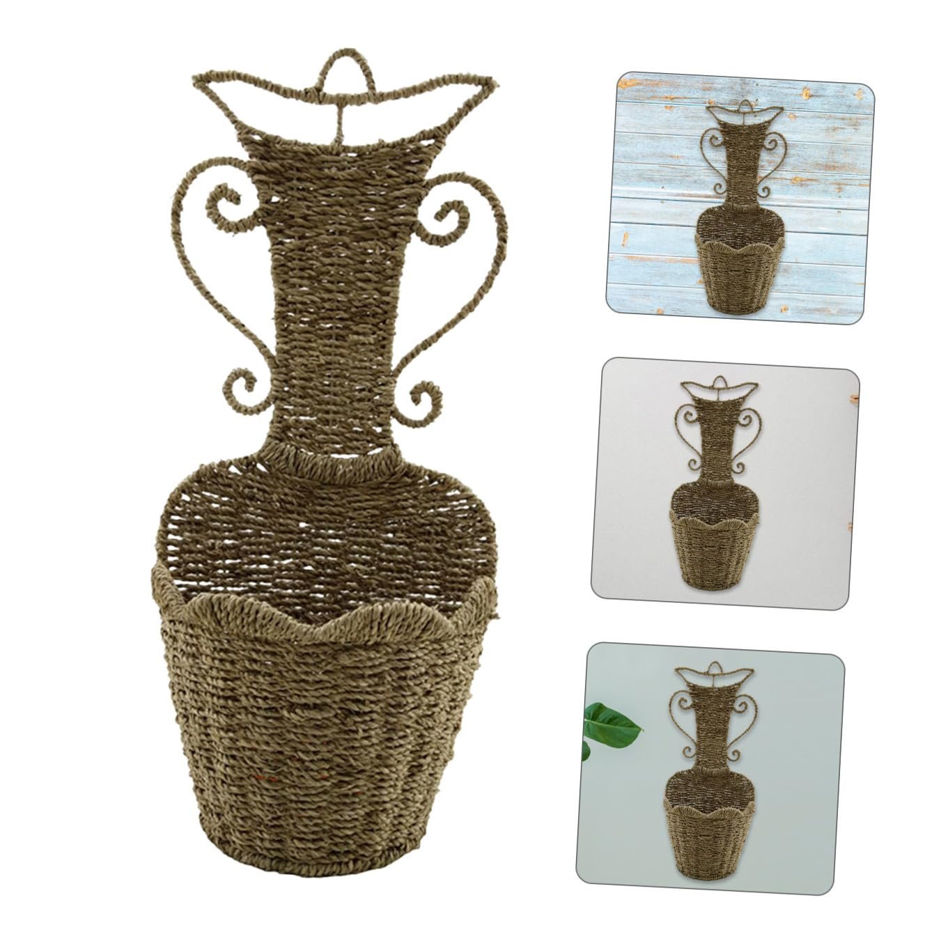 Підвісний плетений кошик HEMOTON солом'яний з гачком рустикальний для зберігання квітів, фото №4