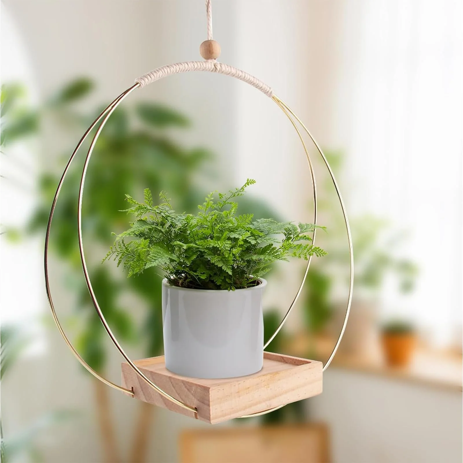 Підвісний кошик для рослин Металевий з дерев’яною основою та регульованою мотузкою Золотистий, фото №7 Підвісний кошик для рослин Металевий з дерев’яною основою та регульованою мотузкою Золотистий, фото №7
