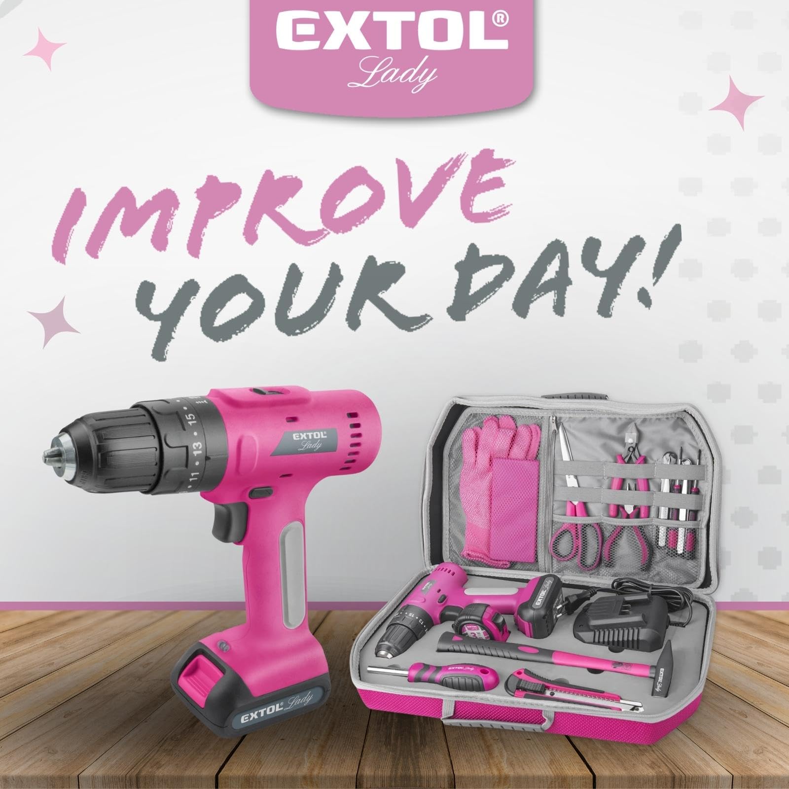 Набір Extol Lady Cordless Drill 27 шт I 12 В Li-Ion жіночий бездротовий шуруповерт рожевий з ударною функцією 2000 мАг I 2-швидкісний бездротовий ударний дриль з сумкою для інструментів I з рожевим футляром, фото №7