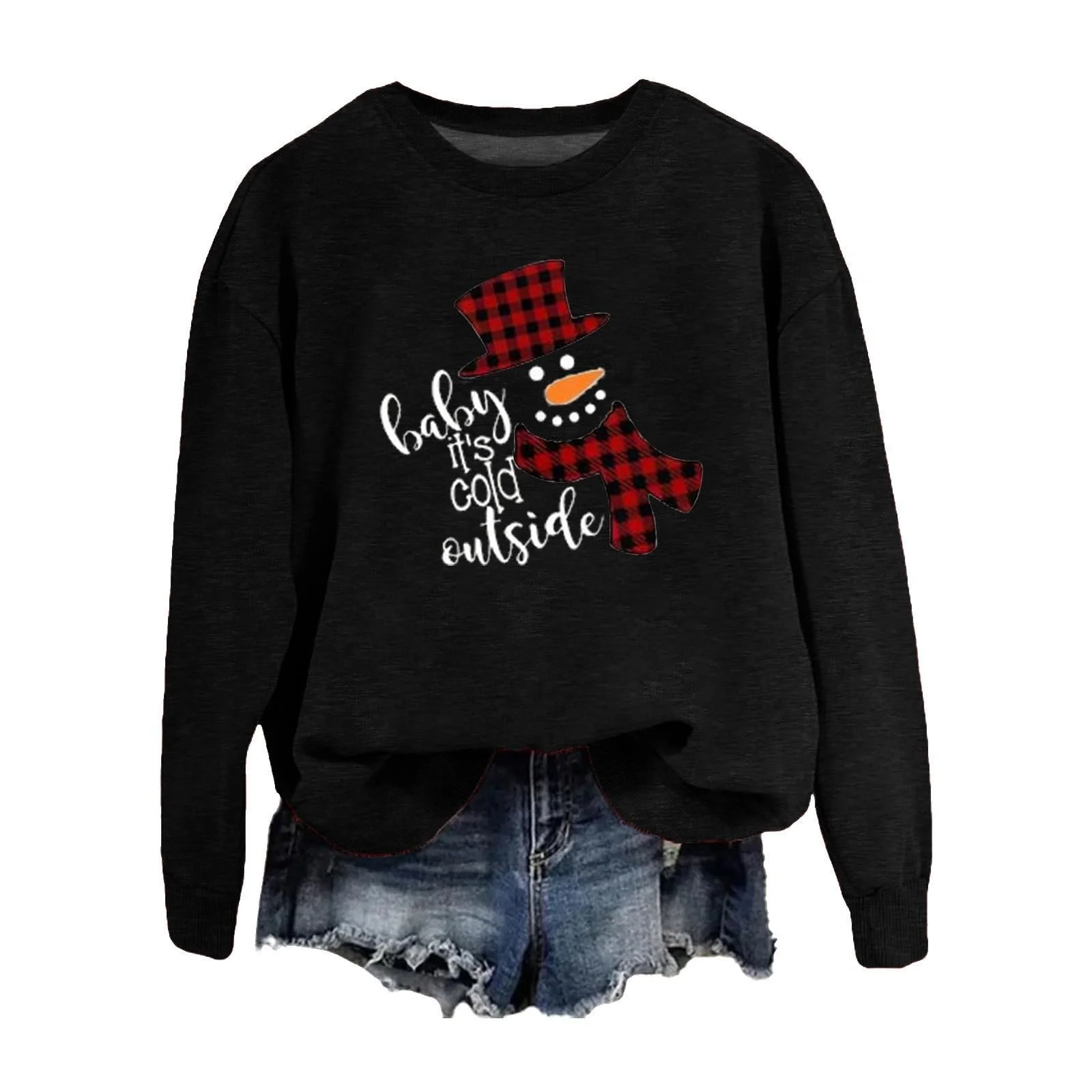 Рождественский свитшот Женская футболка с снеговиком Оверсайз с длинными рукавами с короткими рукавами, фото №1