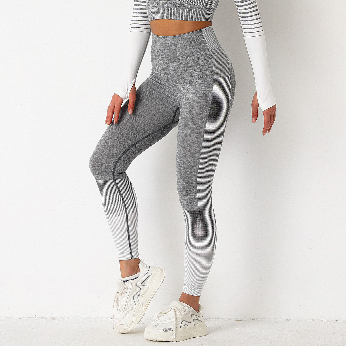 Леггинсы женские спортивные 9641 S серые с белым, фото №4