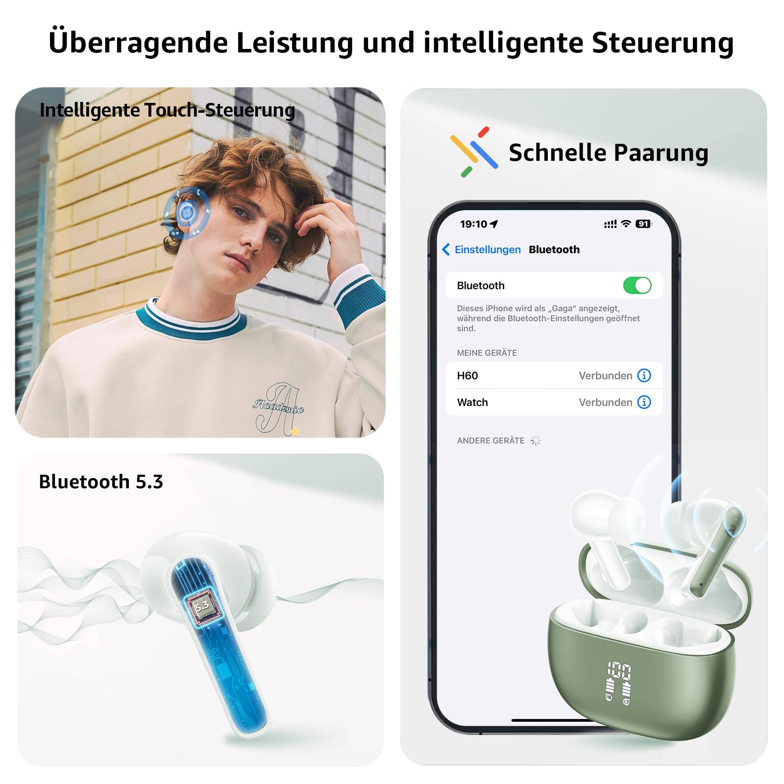 Наушники Bluetooth Беспроводные 5.3 С 6 ENC микрофонами Вкладыши с HiFi стерео глубокими басами Шумоподавлением 50 часов воспроизведения IPX8 Водонепроницаемые, фото №6 Наушники Bluetooth Беспроводные 5.3 С 6 ENC микрофонами Вкладыши с HiFi стерео глубокими басами Шумоподавлением 50 часов воспроизведения IPX8 Водонепроницаемые, фото №6