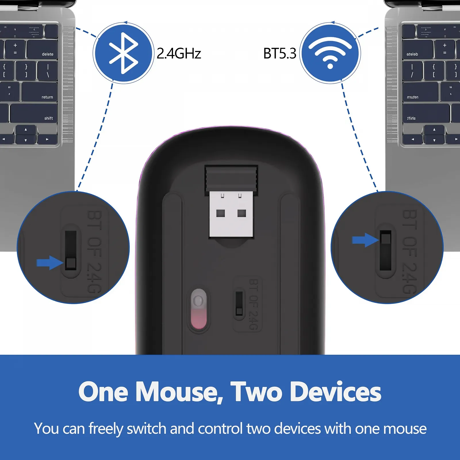 Мышь Беспроводная TQQ 2.4 GHz USB Bluetooth 1600 DPI Оптическое отслеживание Перезаряжаемая LED Двойной режим, фото №3