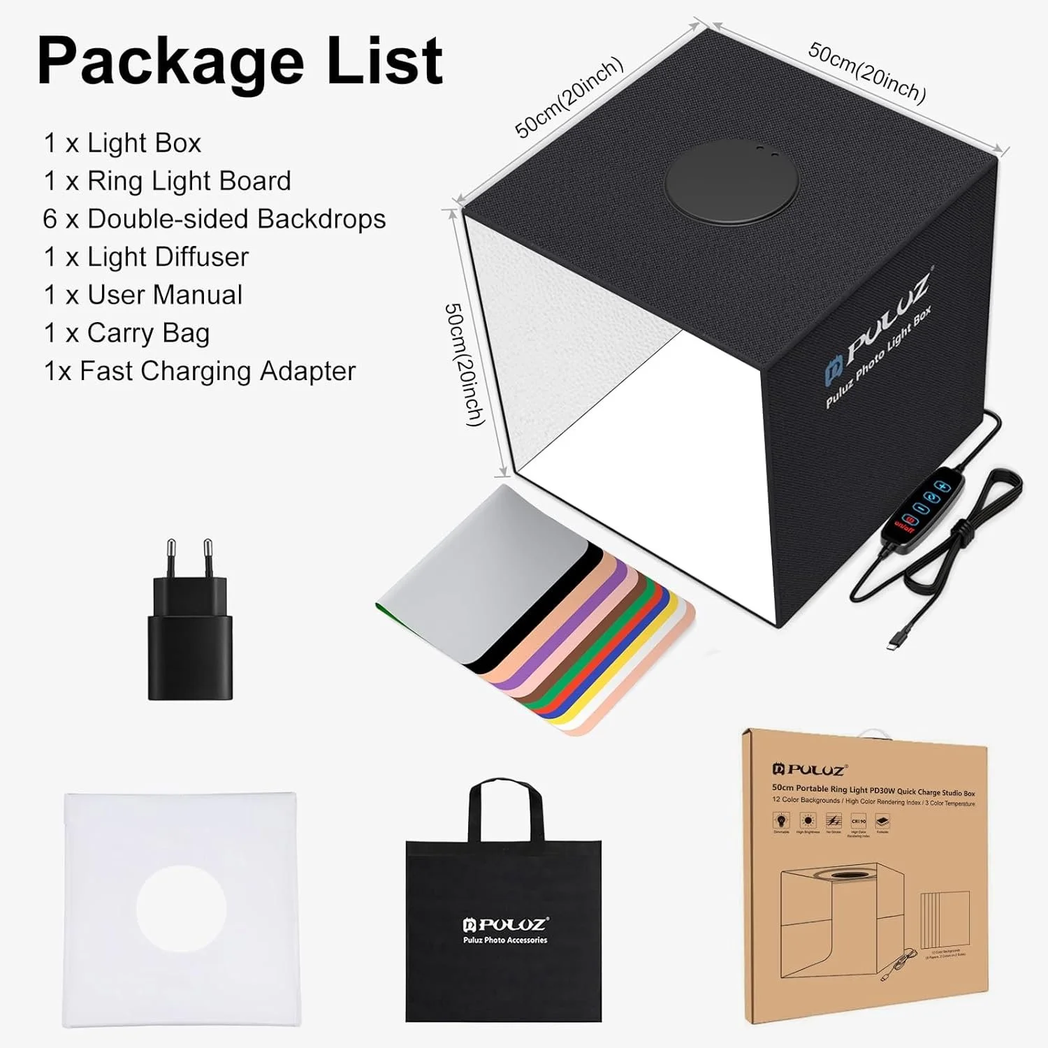 Фотобокс Puluz PU5051 50см / 3200-6500K / CRI 95 / 6 двосторонніх фонів / Складний / Чорний, фото №7 Фотобокс Puluz PU5051 50см / 3200-6500K / CRI 95 / 6 двосторонніх фонів / Складний / Чорний, фото №7