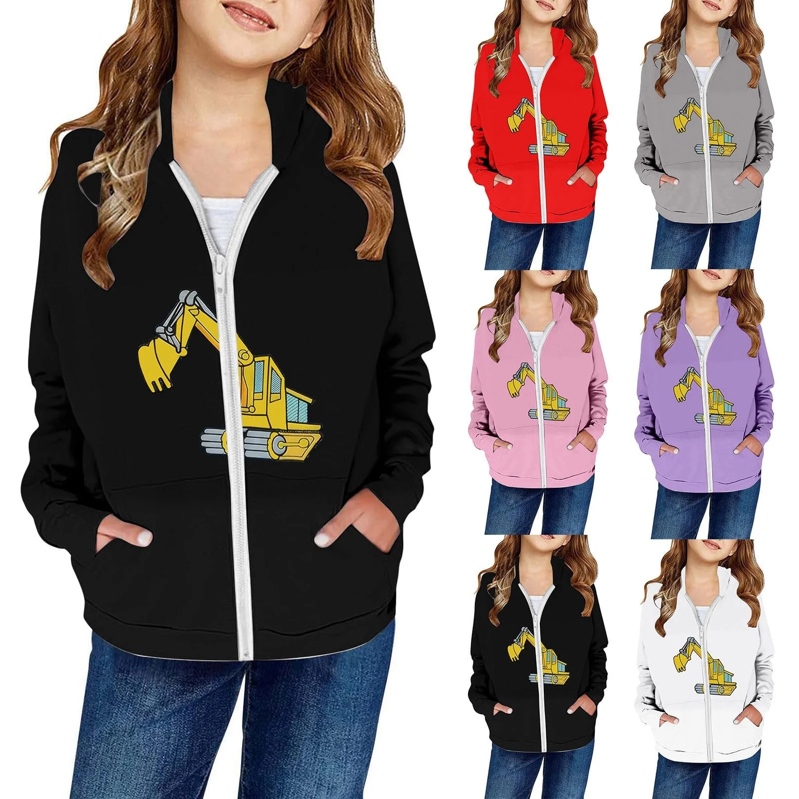 Куртка для девочек, С принтом экскаватора, С капюшоном и молнией, верхняя одежда для детей от 3 до 12 лет, теплая куртка с флисовой подкладкой, фото №2 Куртка для девочек, С принтом экскаватора, С капюшоном и молнией, верхняя одежда для детей от 3 до 12 лет, теплая куртка с флисовой подкладкой, фото №2