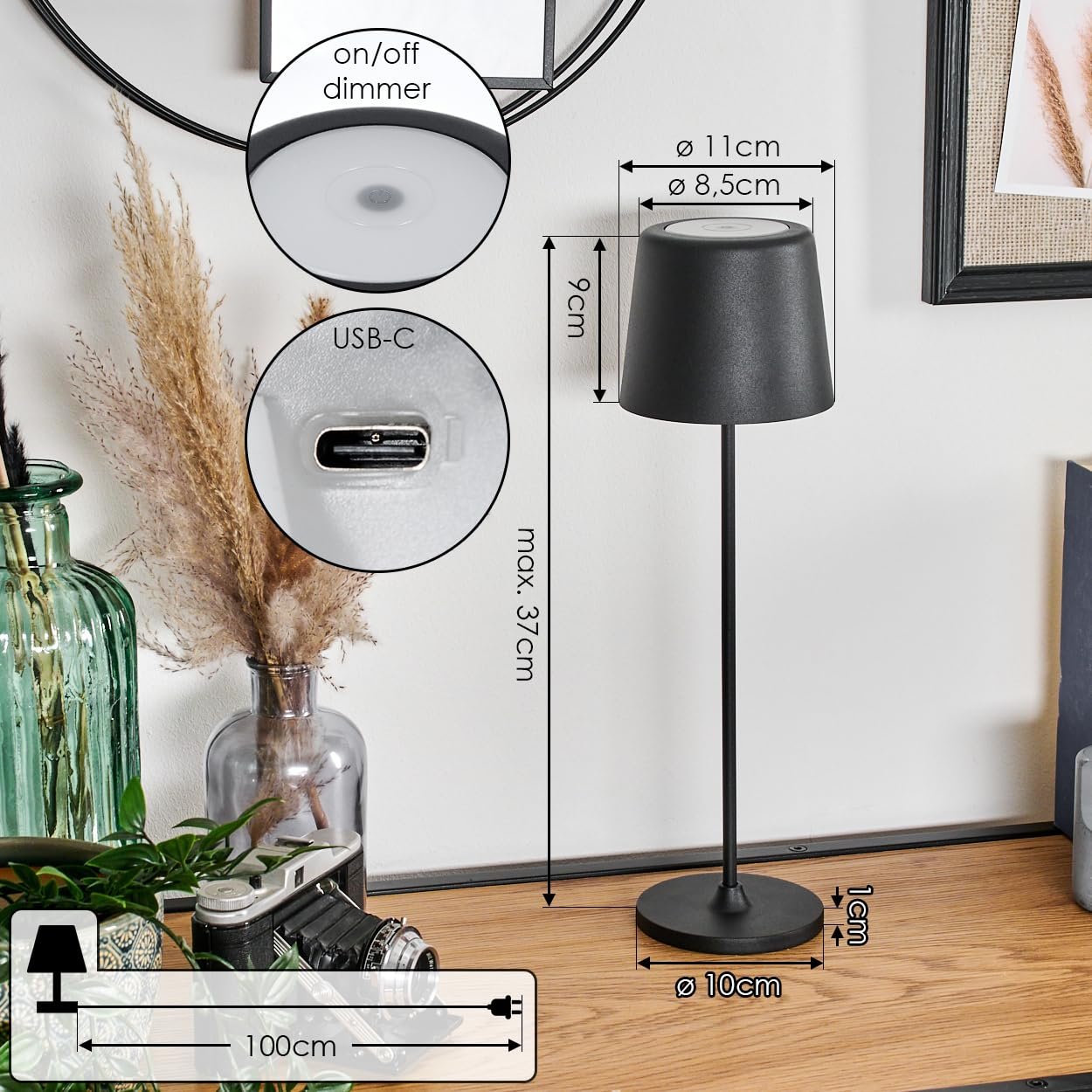 Настільна лампа HOFSTEIN Belece LED набір з 2 шт димована металева/пластикова 37 см USB-C акумуляторна IP44 чорна/біла, фото №5