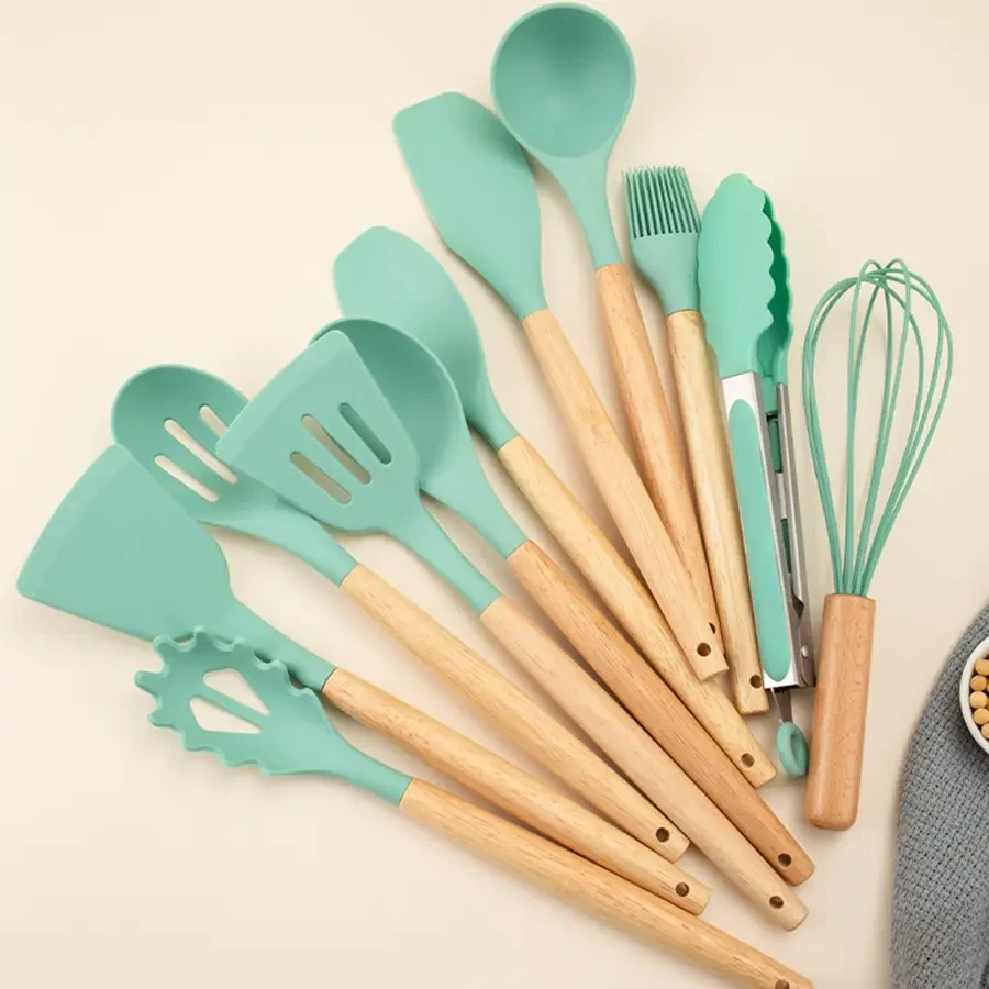 Кухонные принадлежности на подставке 19 штук аксессуары из силикона с бамбуковой ручкой Бирюзовый, фото №4 Кухонные принадлежности на подставке 19 штук аксессуары из силикона с бамбуковой ручкой Бирюзовый, фото №4