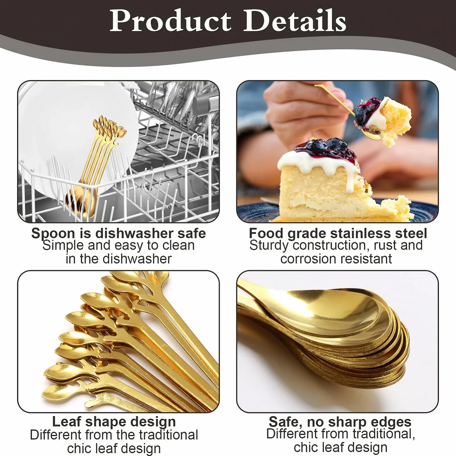 Ложка Кавова з нержавіючої сталі Лист, Паковання 12 штук, Форма Листка, фото №3