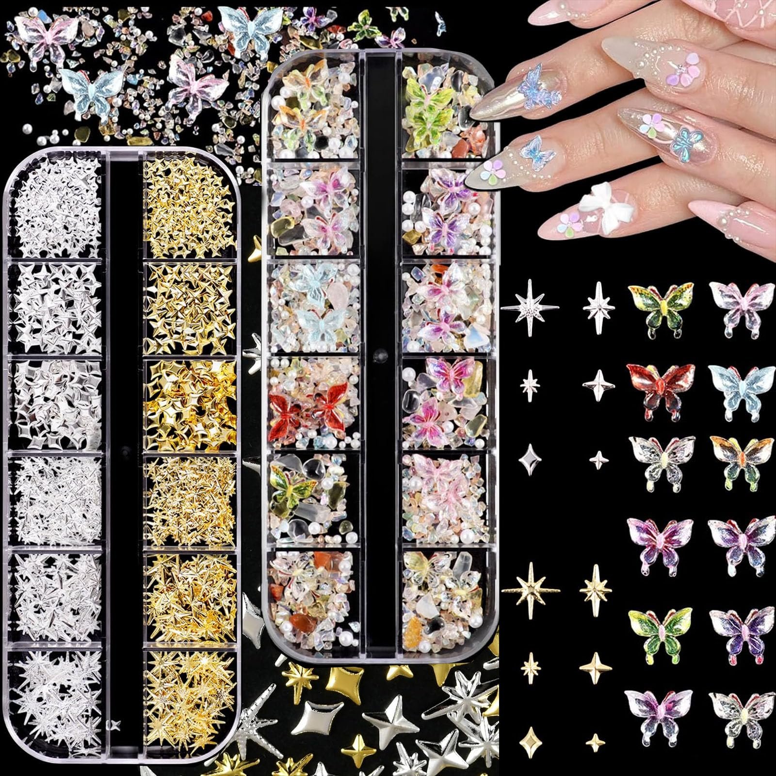 Украшения для ногтей (2 коробки) Бабочки и звезды Разноцветные, фото №5