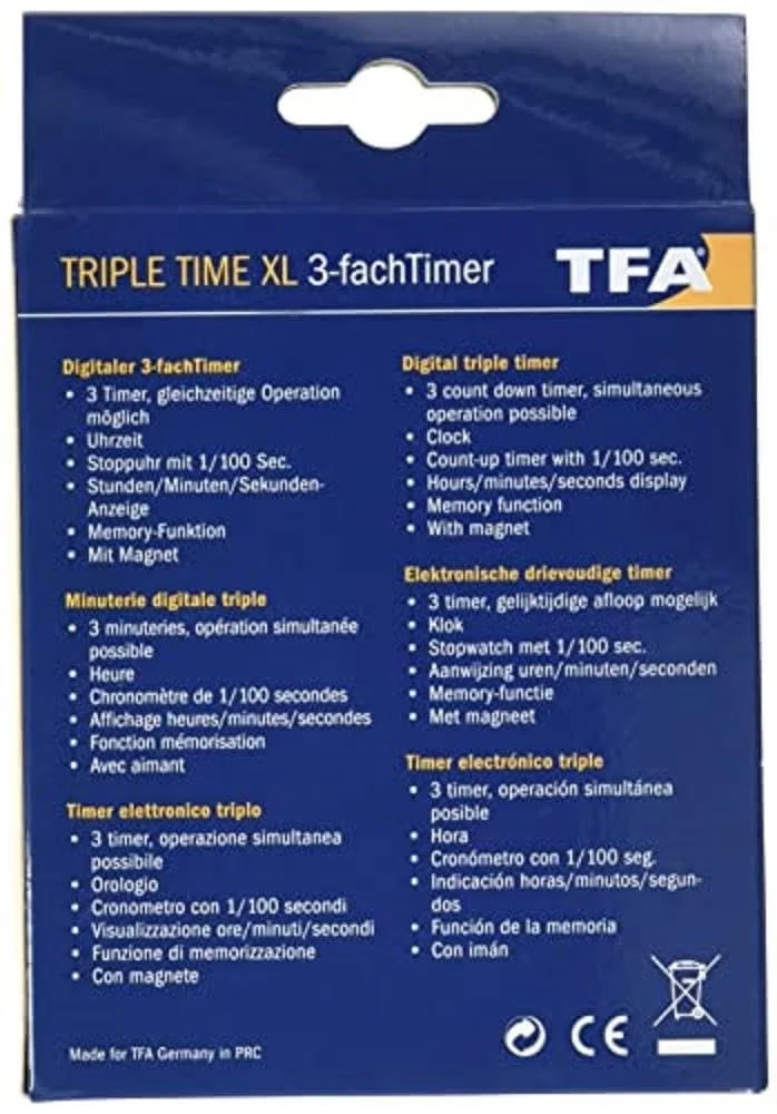 Цифровой таймер TFA Dostmann Triple XL 38.2023 тройной с секундомером Черный, фото №4 Цифровой таймер TFA Dostmann Triple XL 38.2023 тройной с секундомером Черный, фото №4