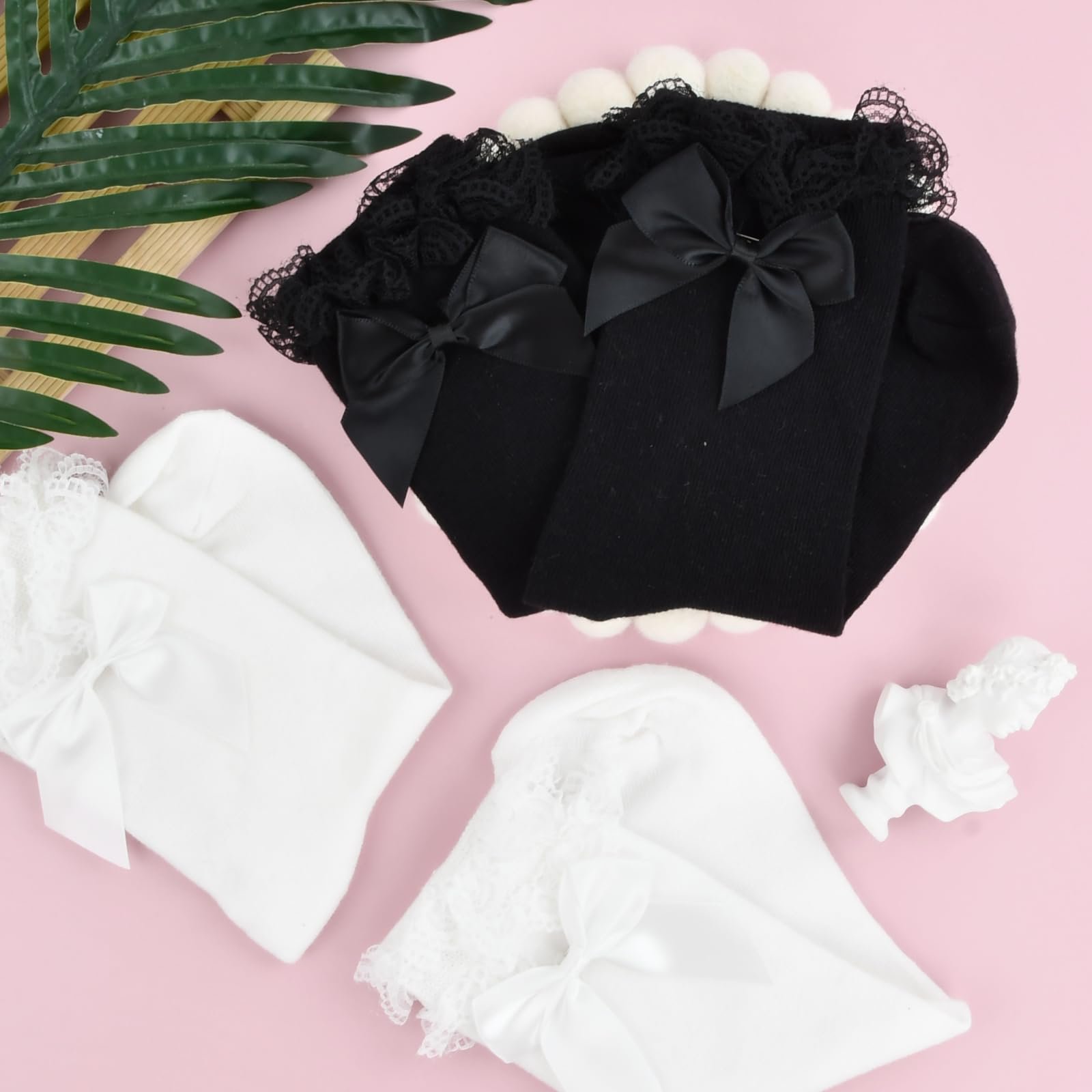 Носки Amexo с кружевом и бантами для женщин, 4 пары, черный+белый, фото №7
