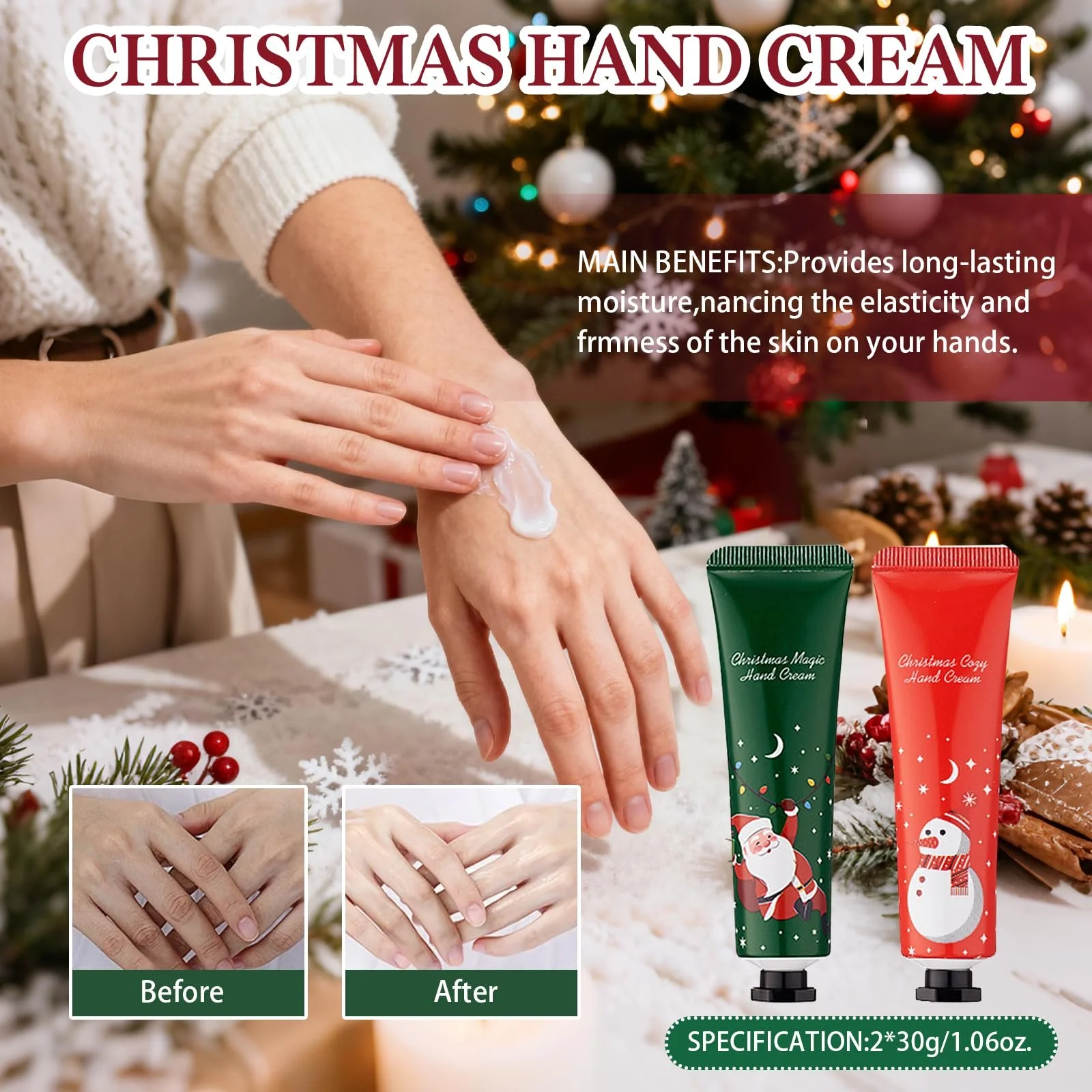 Набор кремов для рук Christmas, 2 крема для рук + 2 бальзама для губ + 2 крема для ног Christmas, увлажняющий, унисекс, фото №4
